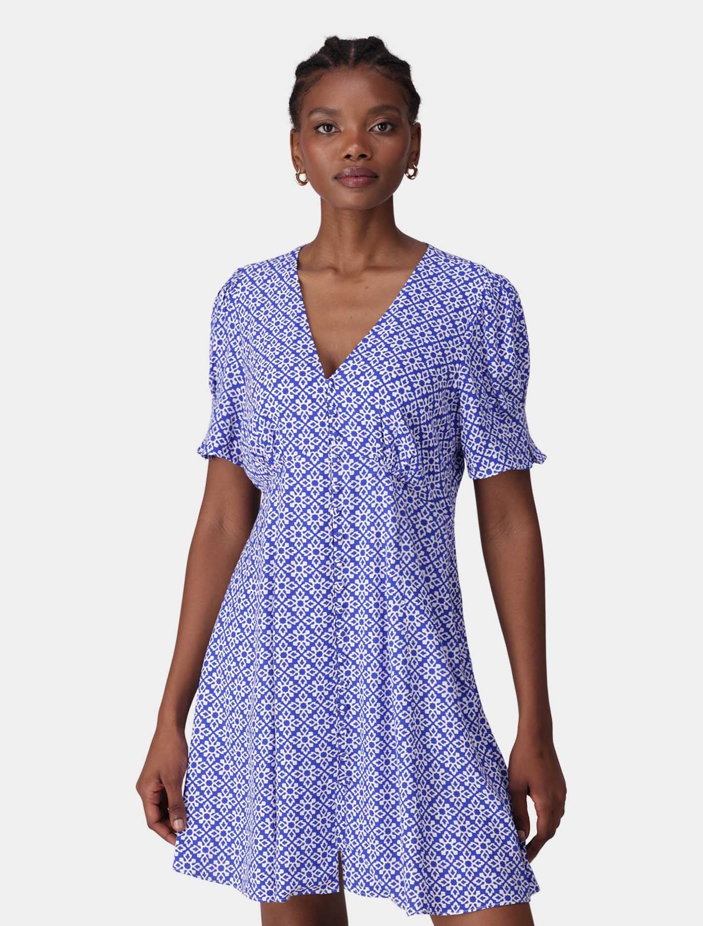 Saffron Printed Mini Sun Dress Silvy Tile | Forever New Saffron Printed Mini Sun Dress Silvy Tile | Forever New