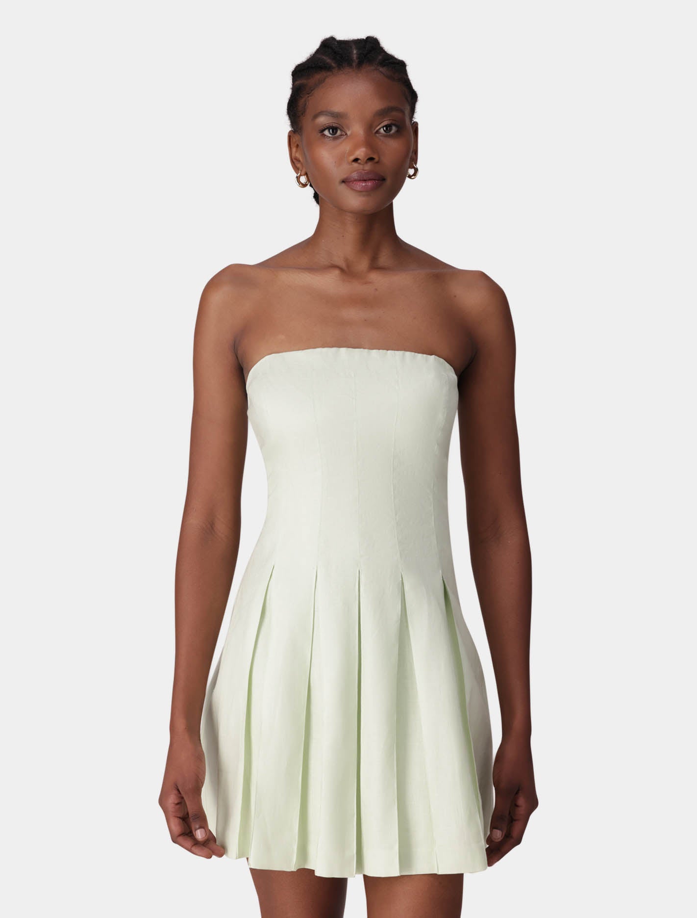 strapless open back dress Susie Strapless Pleated Linen Mini Dress Mist