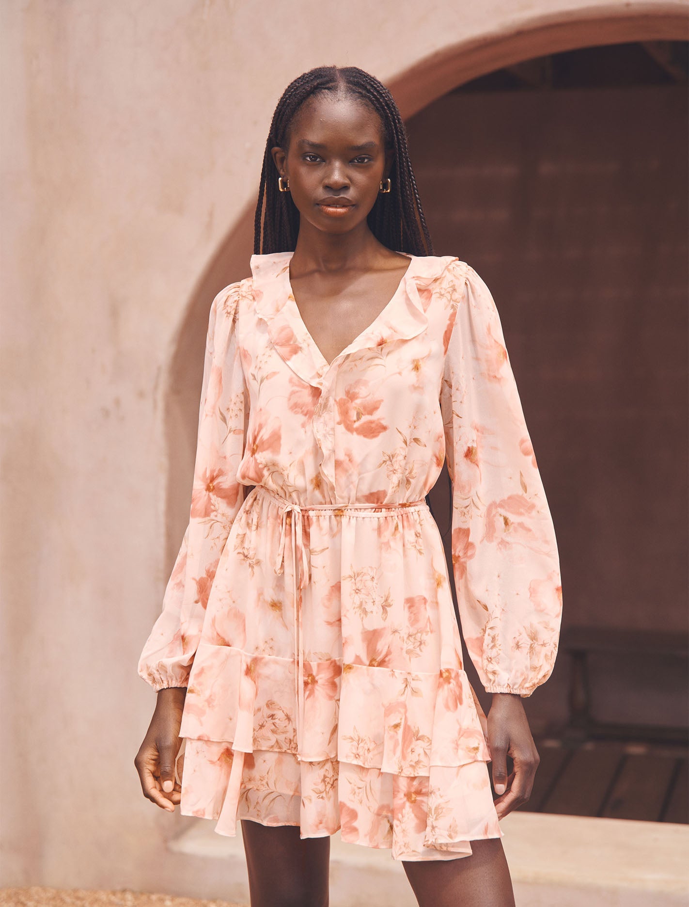 floaty short dress Rust PrettyLittleThing Floaty Woven Plunge Ring Detail A Line Mini Dress