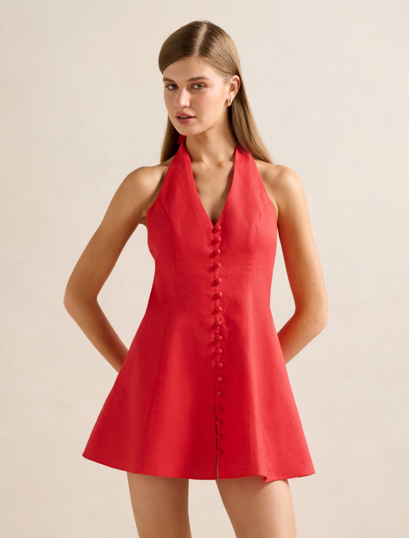 Ina Button Front Halter Linen Mini Dress