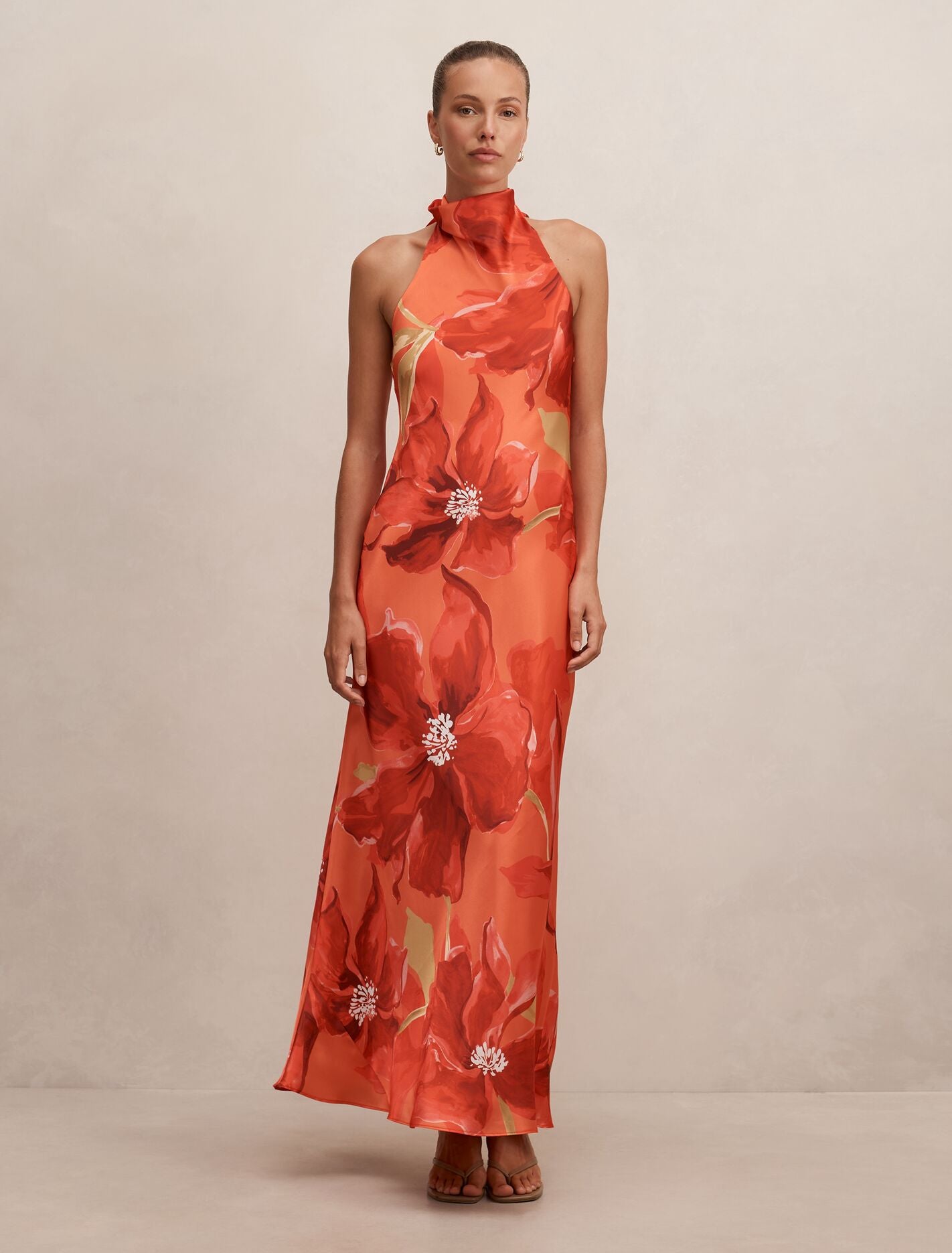 Clementine High Neck Satin Maxi Dress Coral Maia Floral Forever New