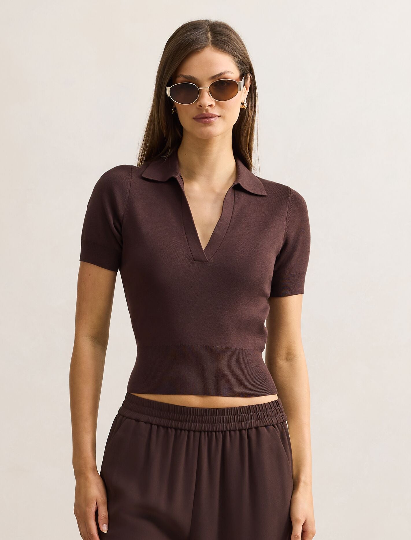 Gia Knit Polo Top Chocolate | Forever New