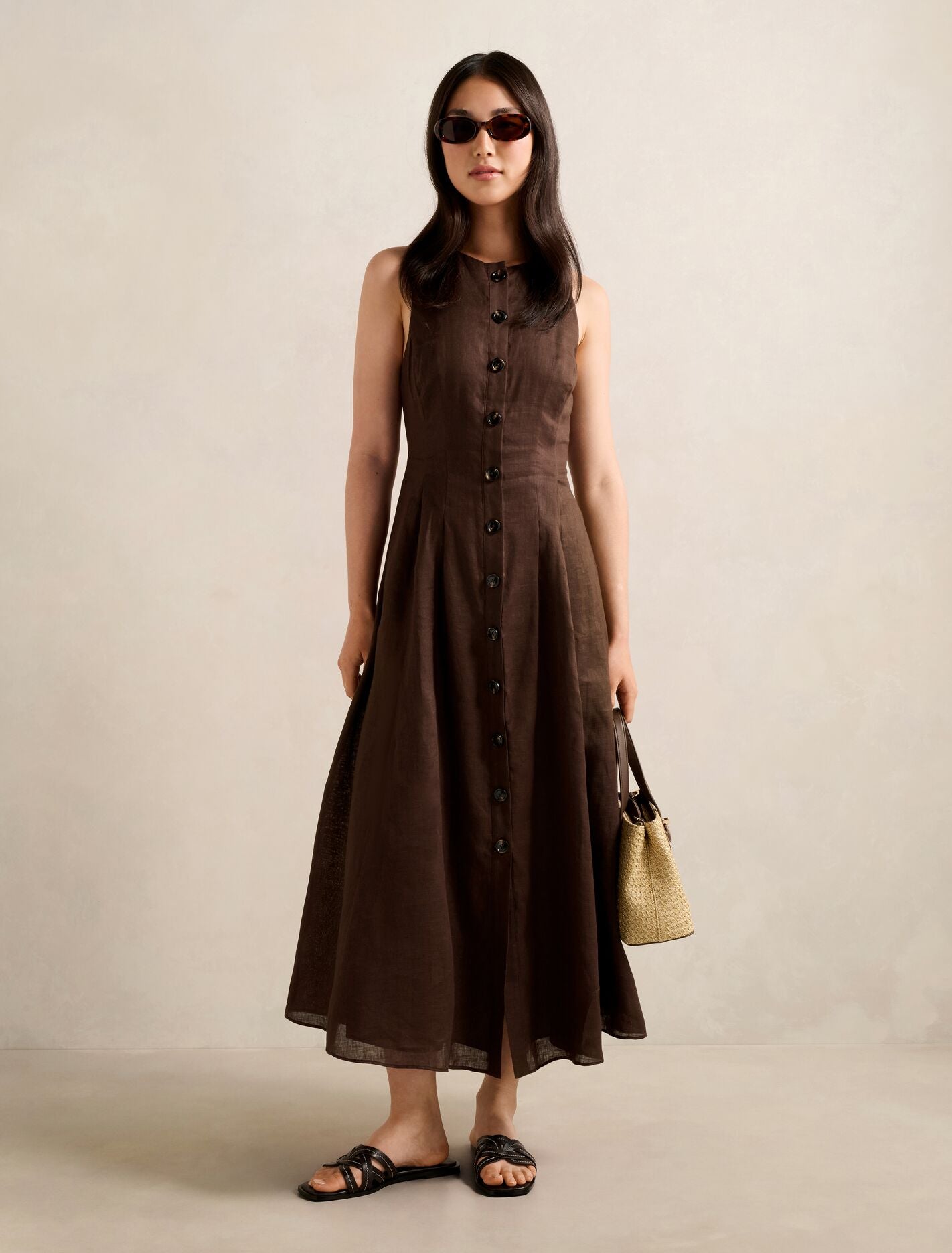 Pia Button Front Linen Midi Dress