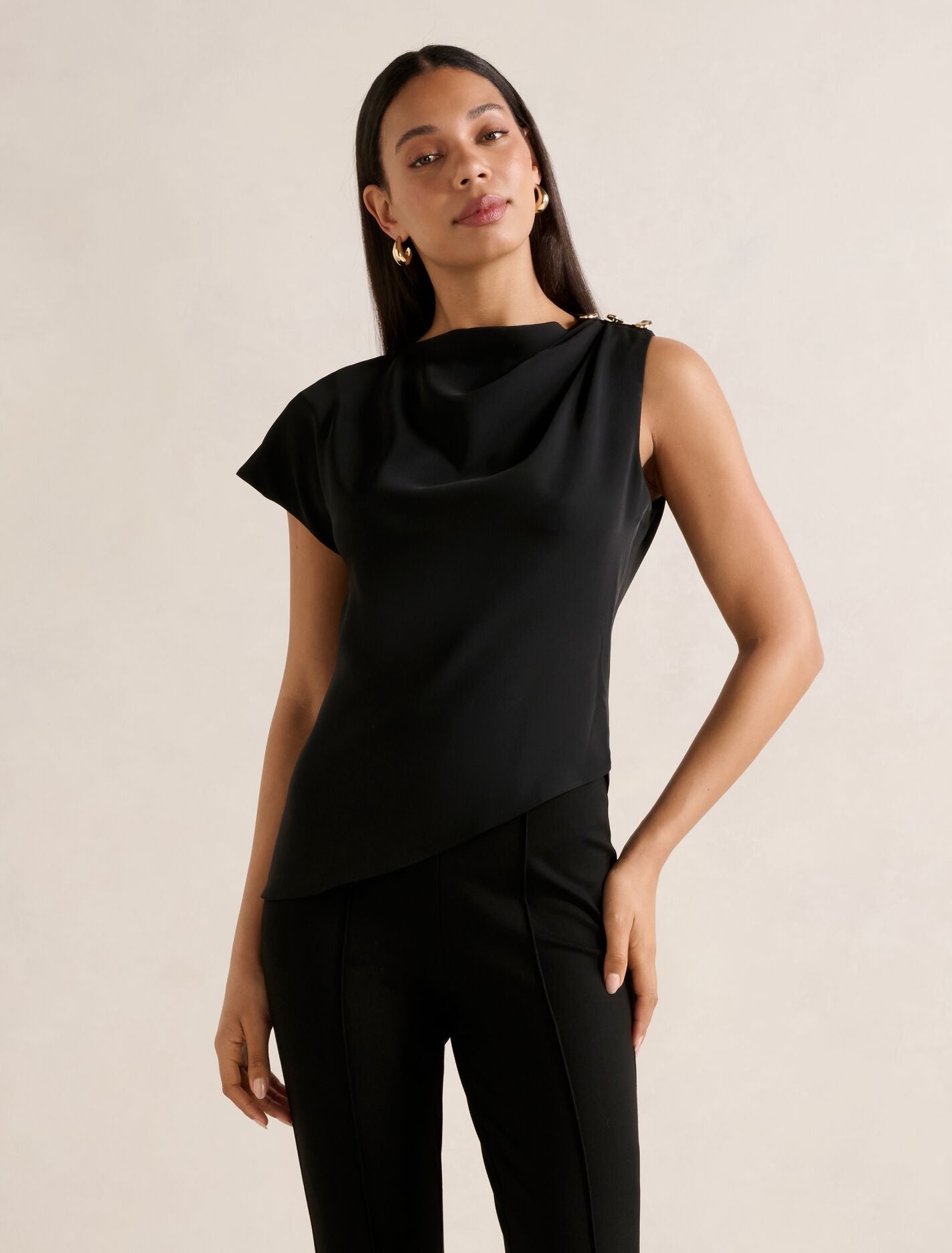Aubery Asymmetric Draped Top Black | Forever New