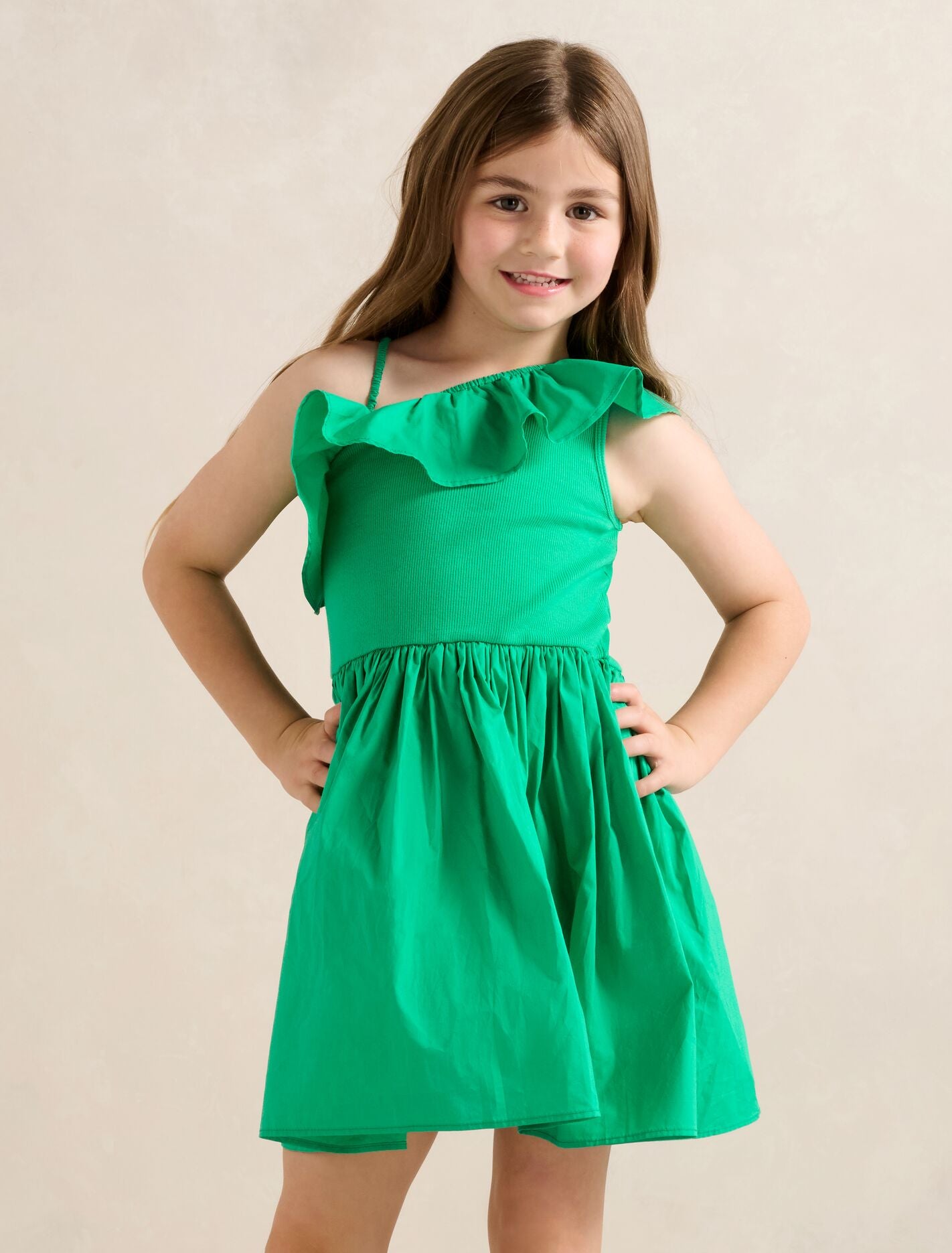 Sadie One-Shoulder Frill Girls Dress Green Clover | Forever New