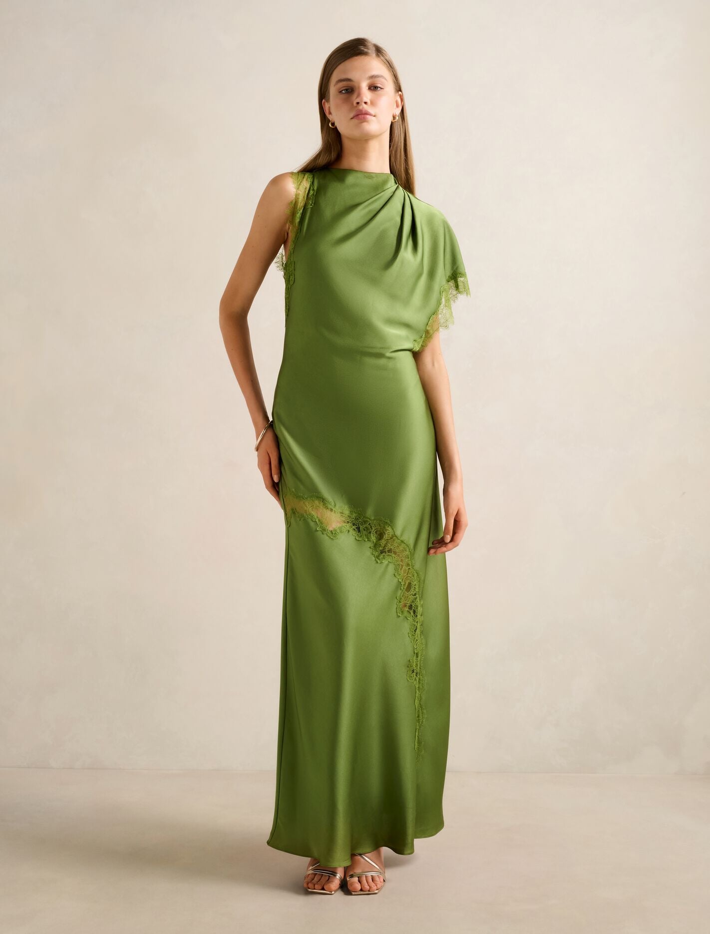 Kody Satin Lace Asym Dress Olive Green Forever New