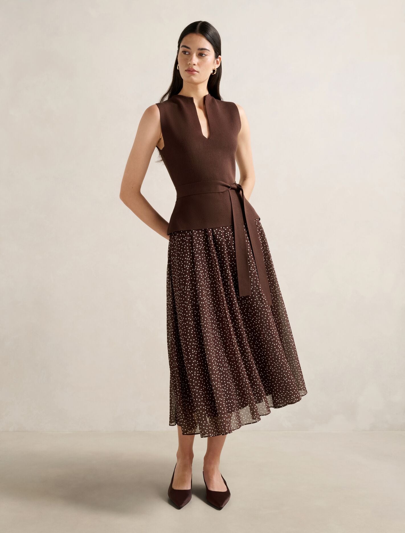 Catherine Woven Mix Knit Dress Choc Kinsey Spot Forever New