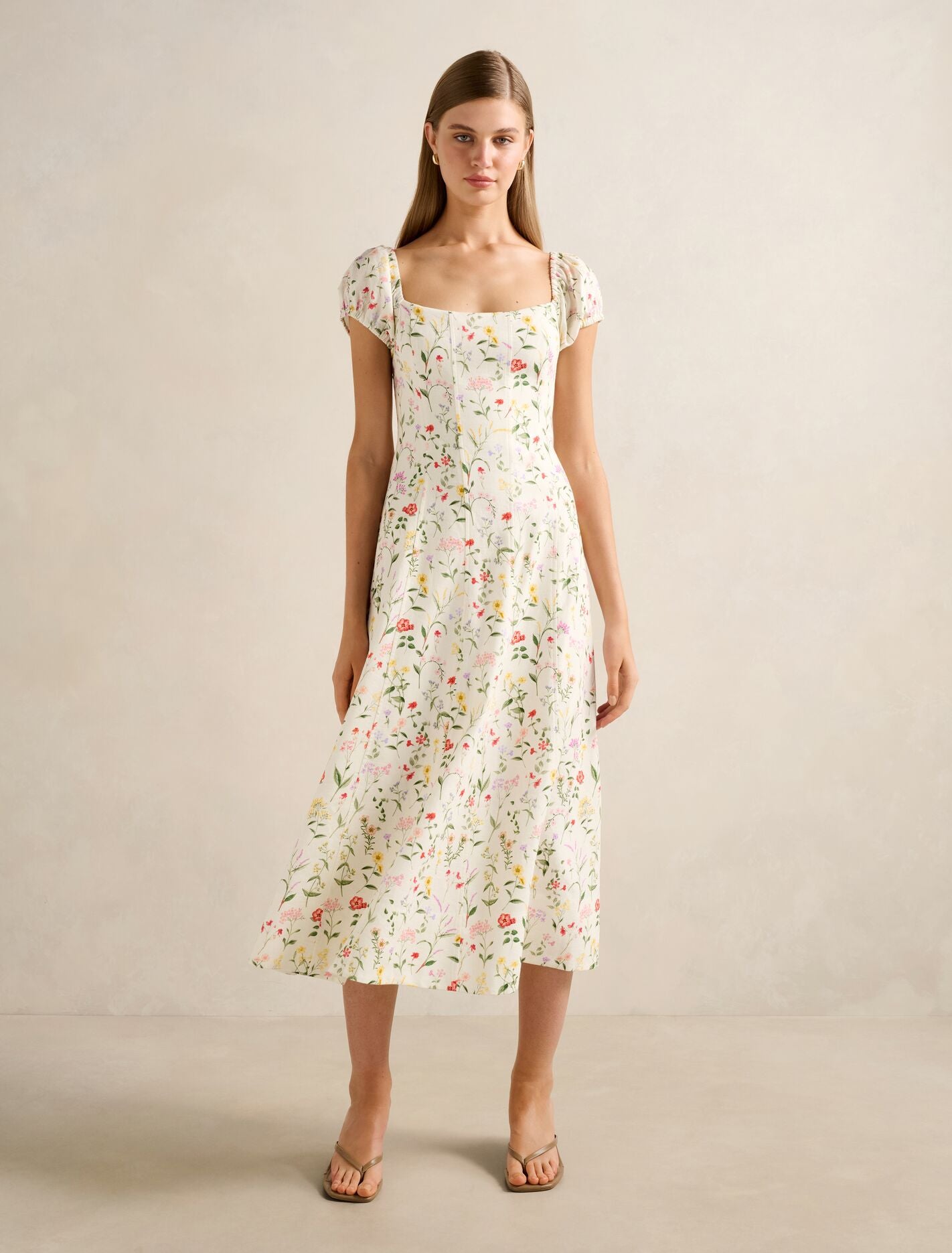 Sadie Cap Sleeve Linen Midi Dress Soft Evie Floral Forever New
