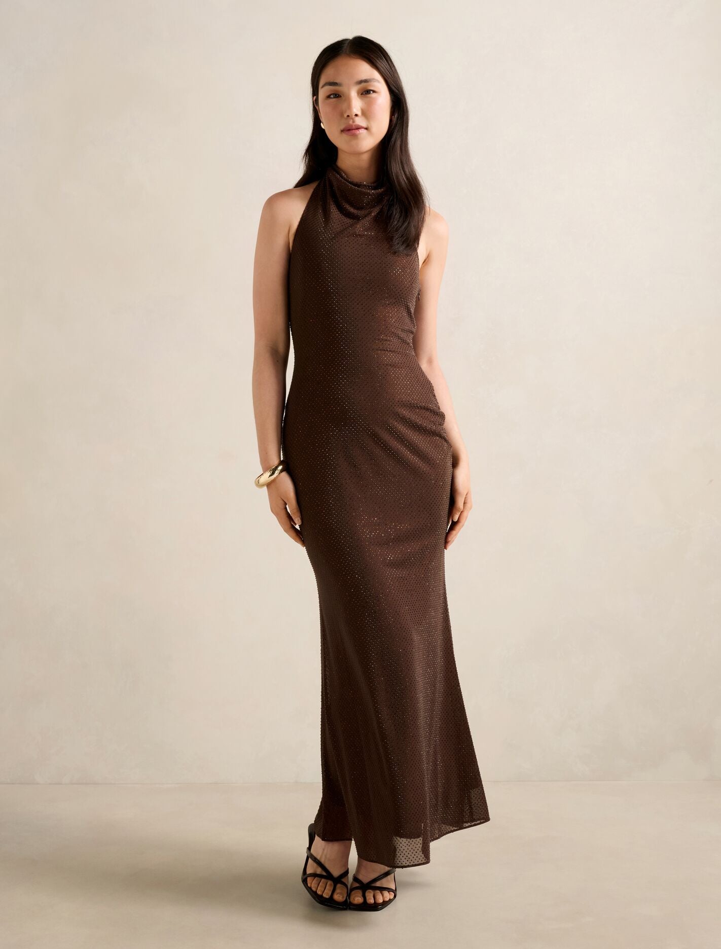 Ariana Halter Heatseal Maxi Dress Chocolate | Forever New