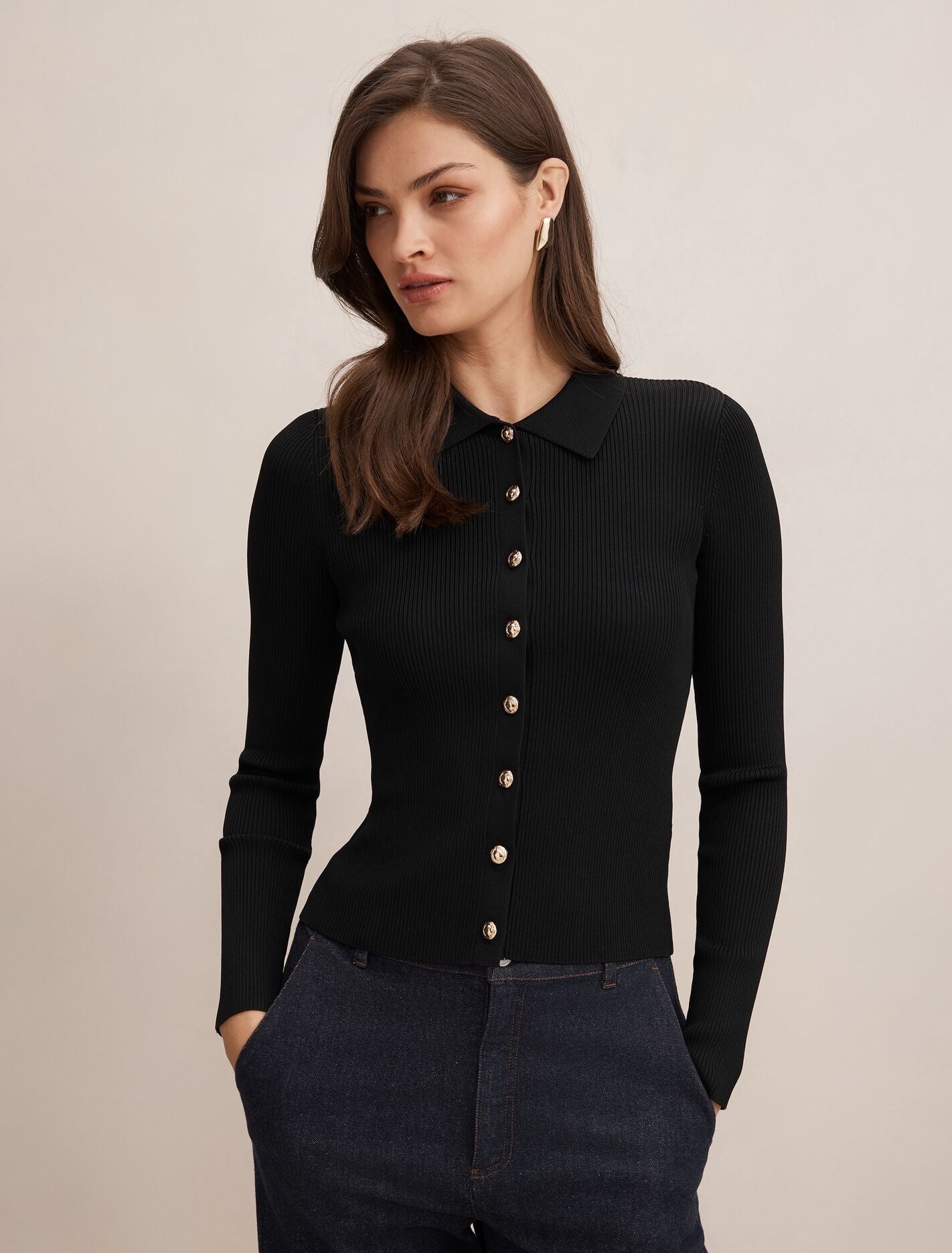 Selina Ribbed Knit Polo Top Black | Forever New