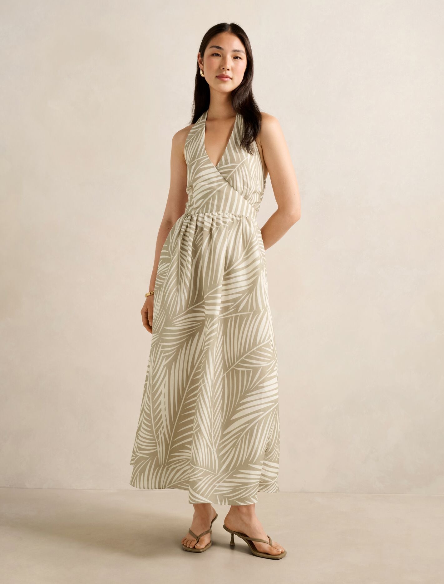 Lilian Wrap Linen Halter Midi Dress Tuxen Leaf | Forever New