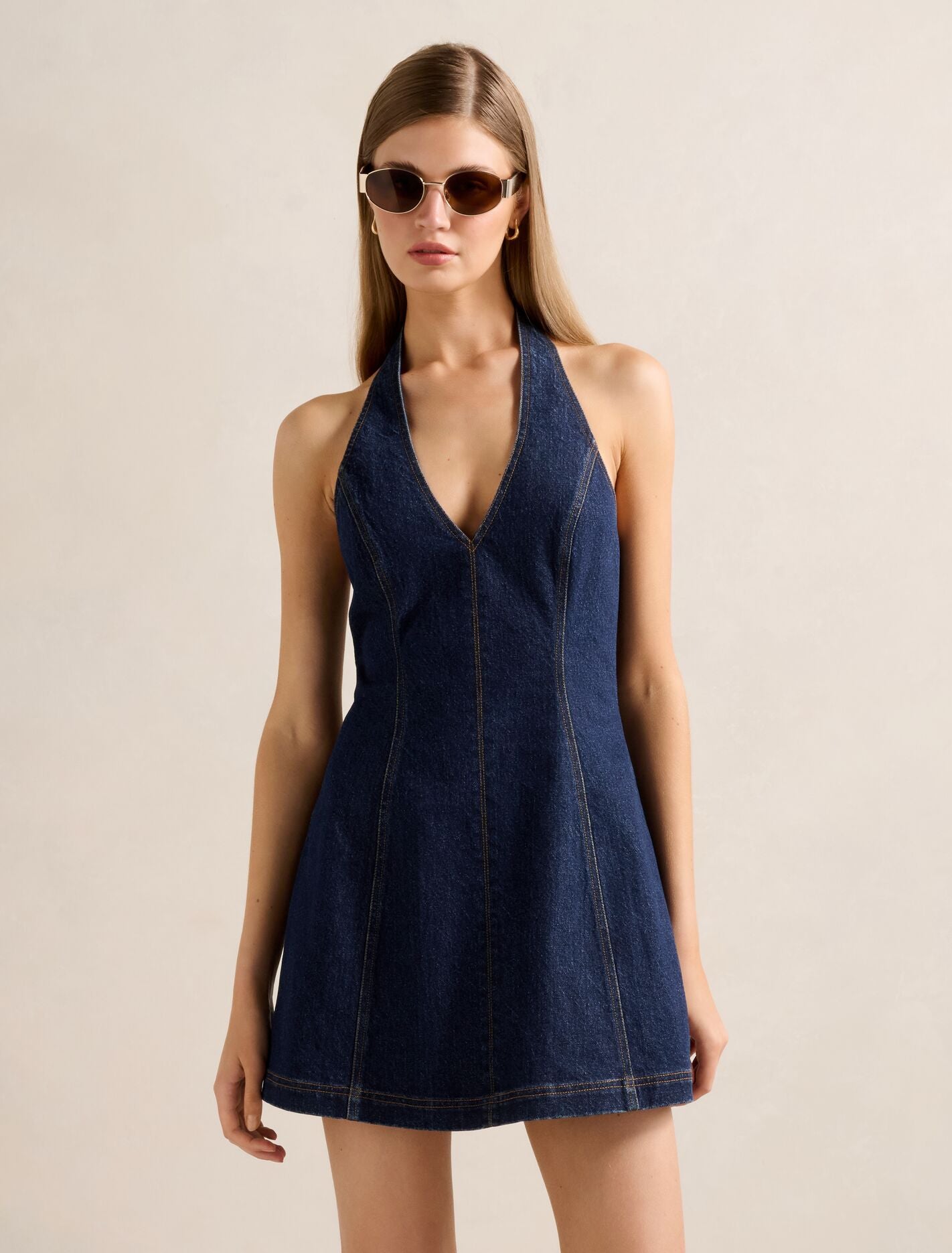 Jorja Halter Denim Dress Dark Wash Forever New
