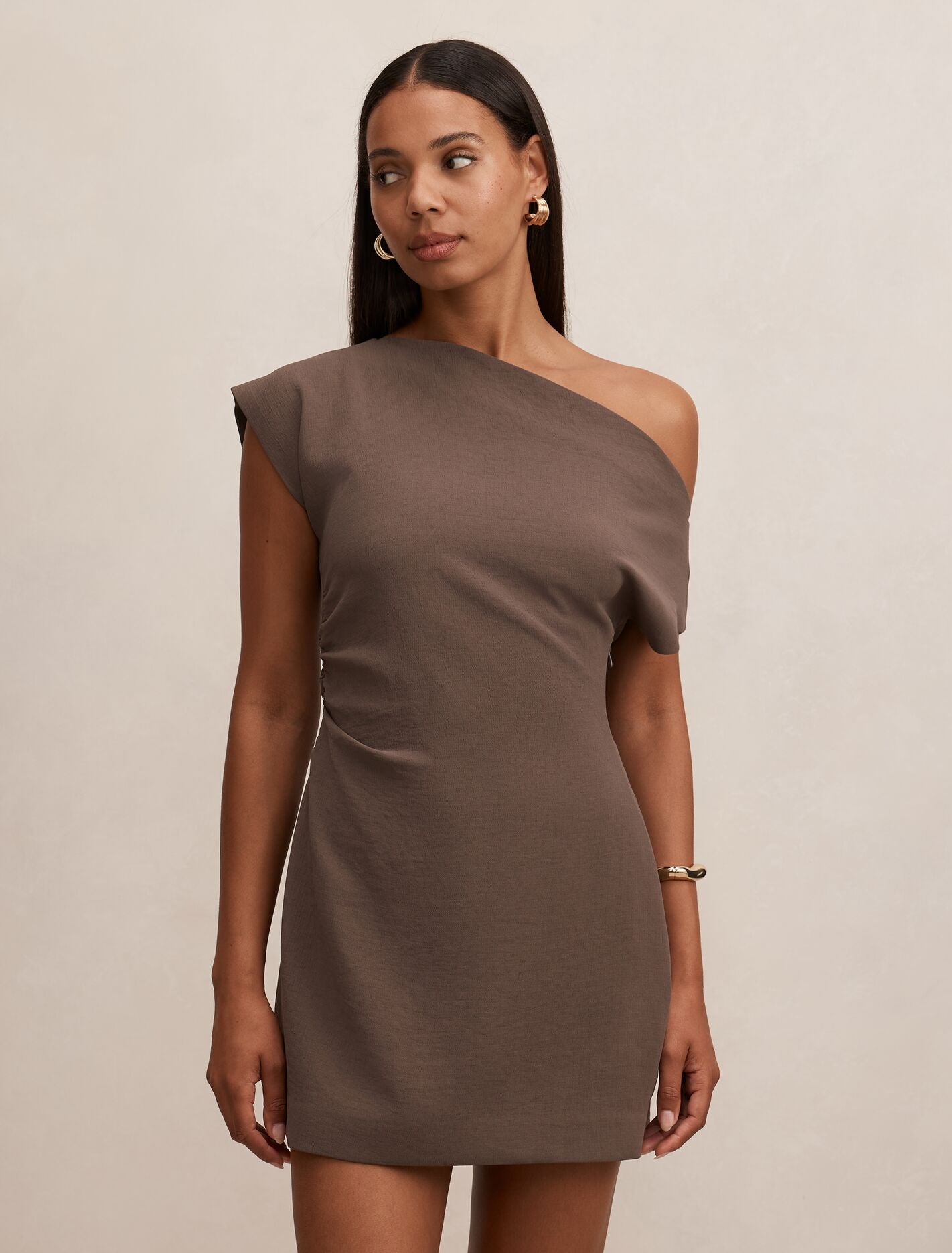 Danielle Asymmetrical Mini Dress Porcini Forever New