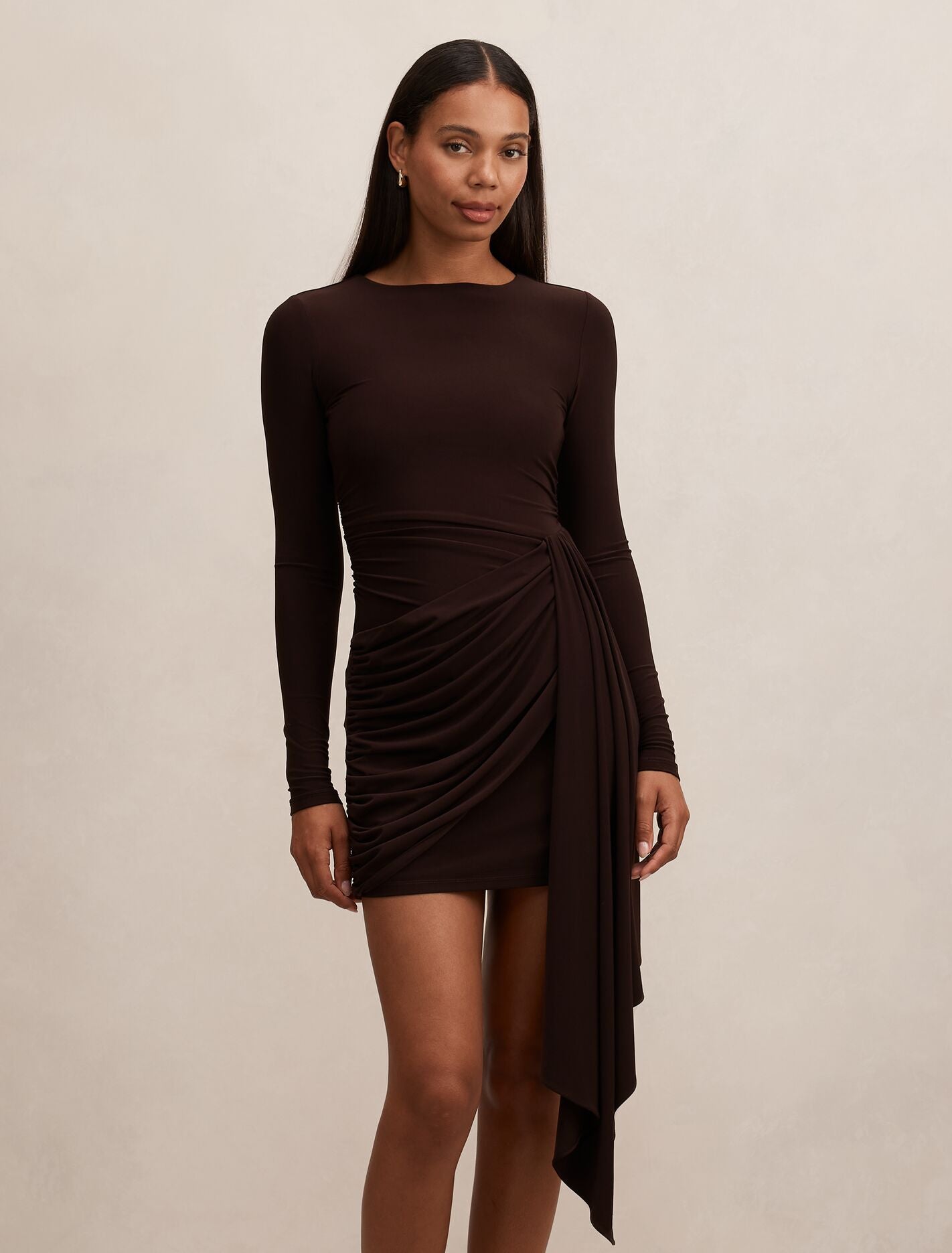 Susie Draped Jersey Mini Dress Dark Chocolate Forever New