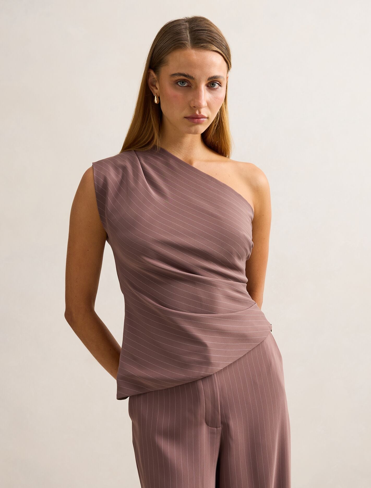 Willow Asymmetrical Tuck Top Mocha Pinstripe Set Forever New