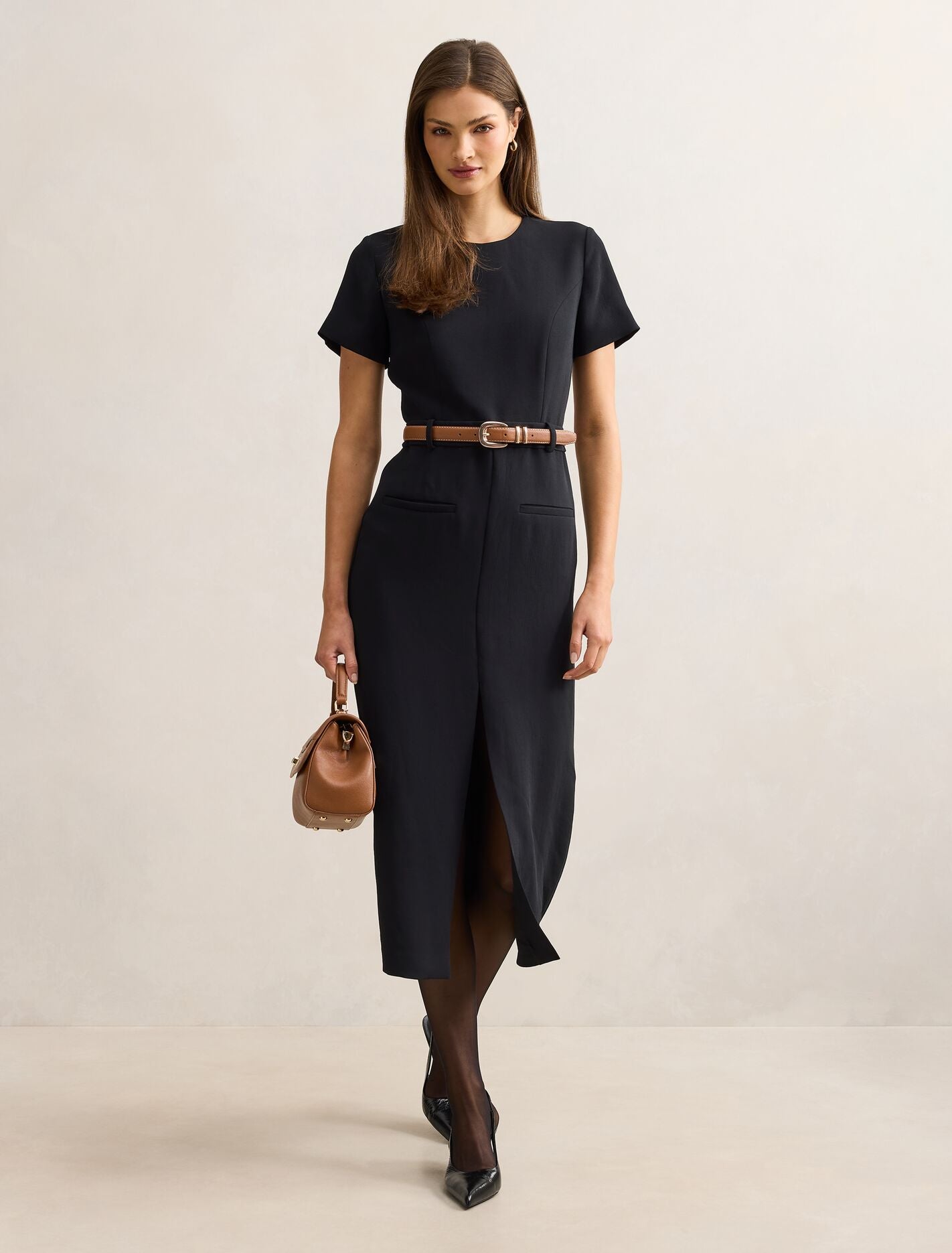 Bailee Belted Tailored Midi Dress Black