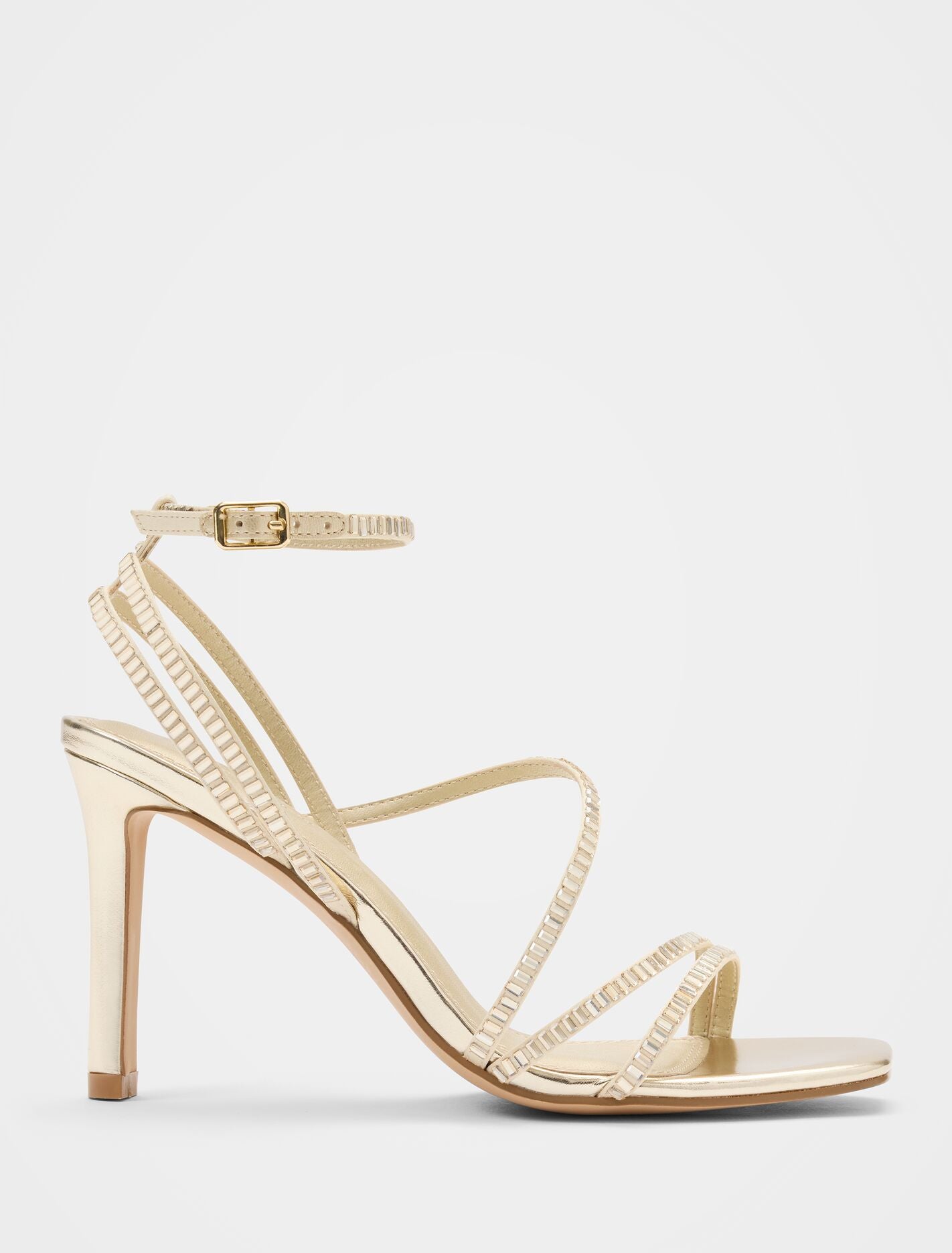 Crystal Jewelled Strap Sandal Heel Gold | Forever New