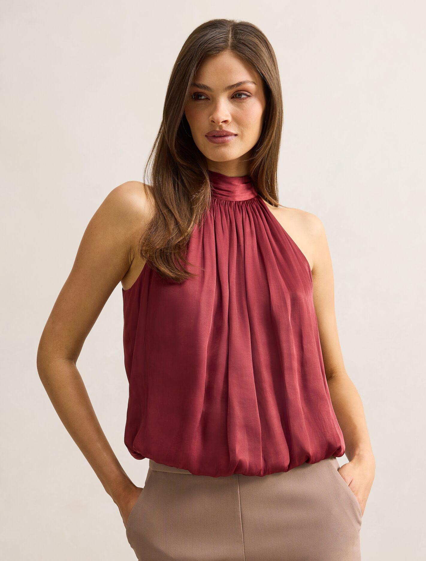 Jasmine Bubble Hem Halter Top Rosewood | Forever New