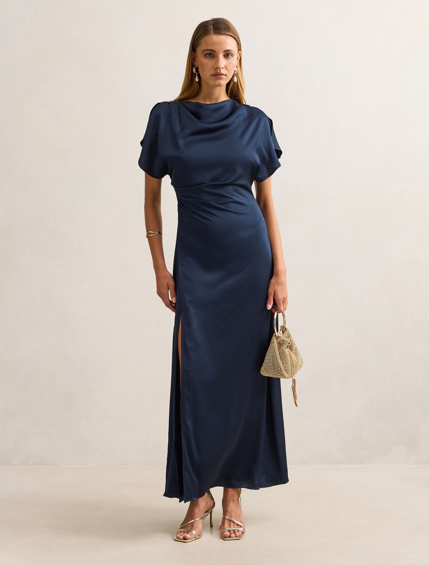 Genevieve Satin Drape Maxi Dress Navy Forever New