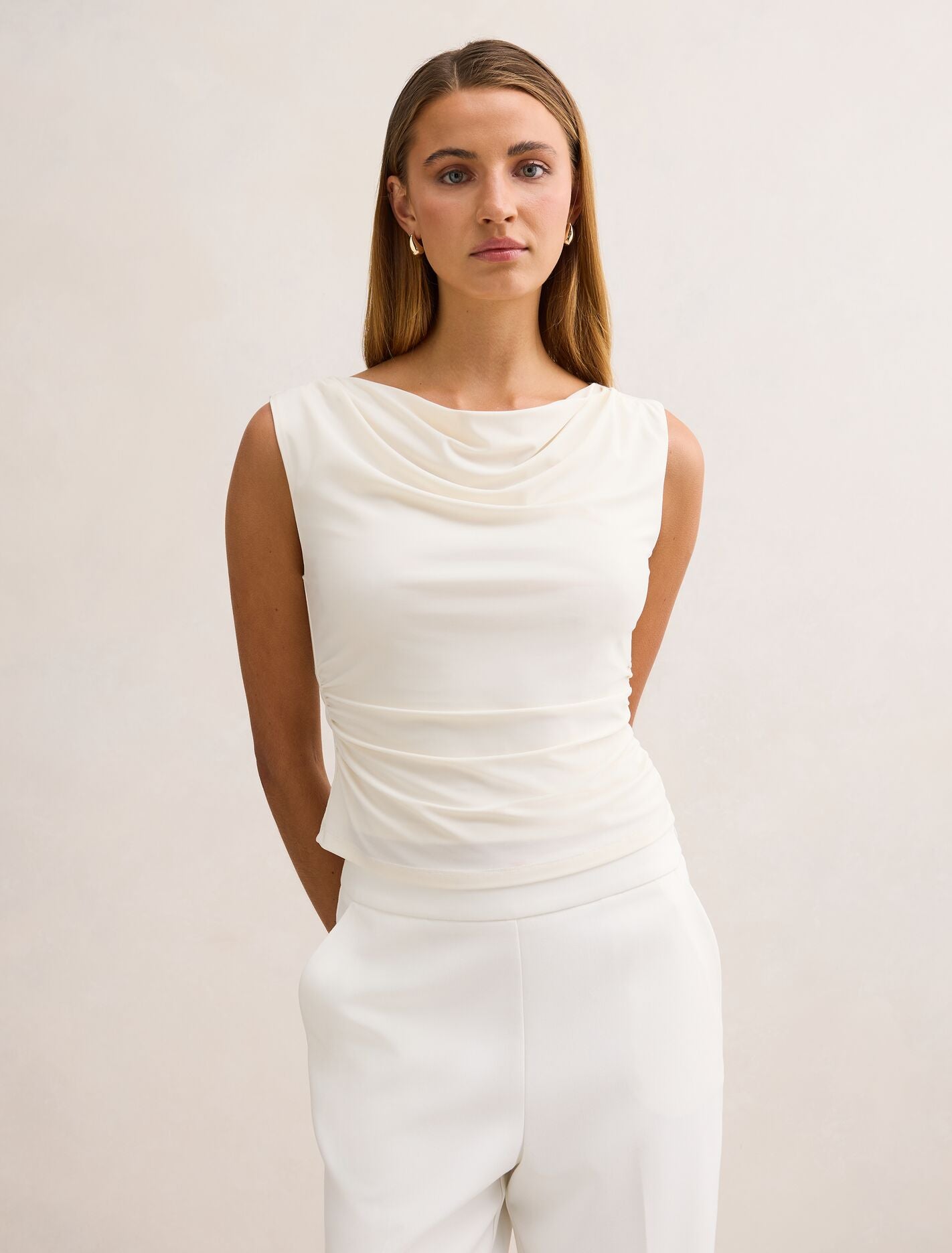 【Acka】 drape volume tops Ada Drape Cowl Back Top Cream | Forever New