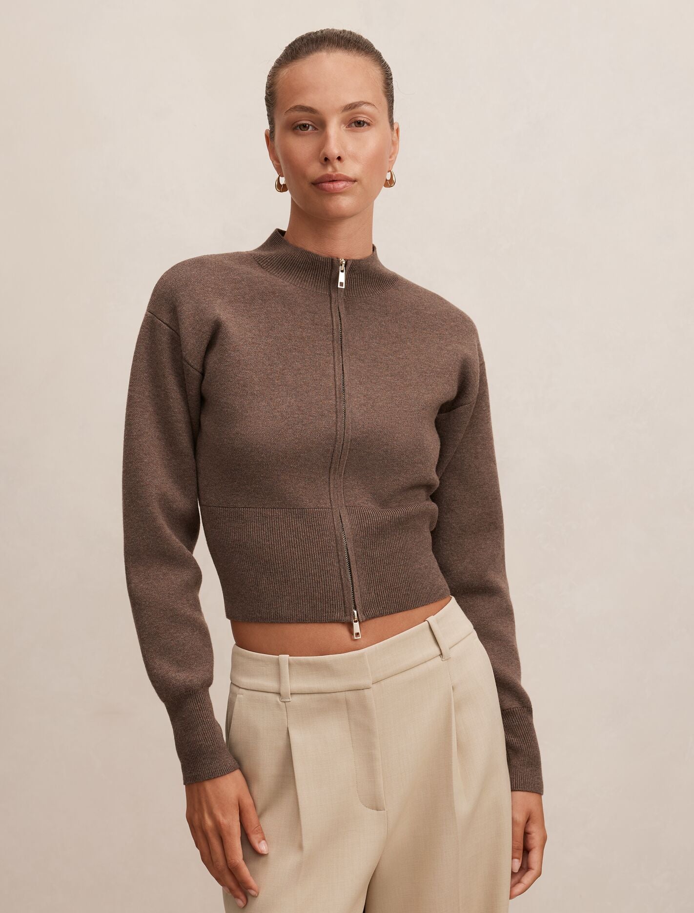 Hanna Zip Knit Jacket Hazelnut | Forever New