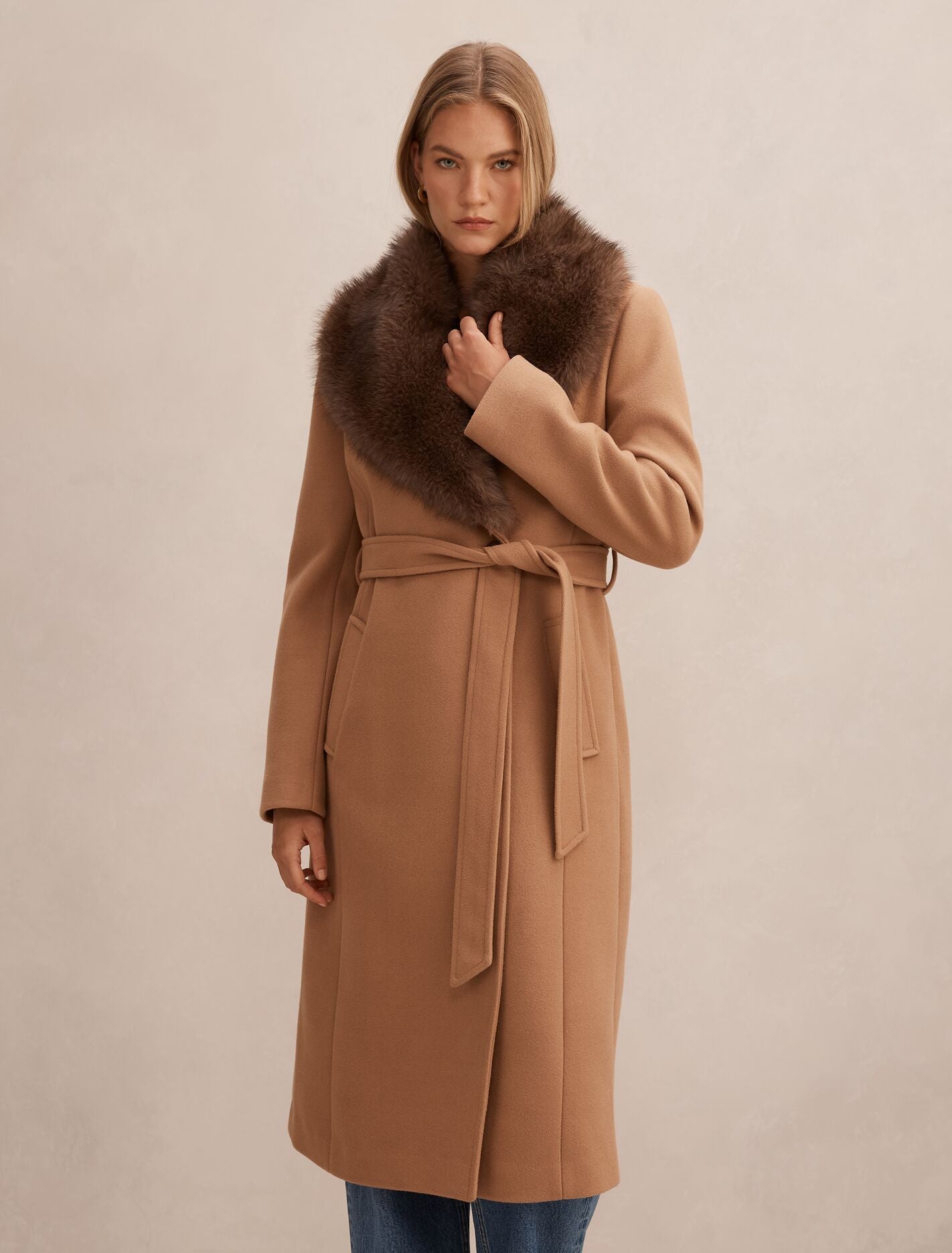 Shelby Faux Fur Collar Coat Camel Choc Forever New