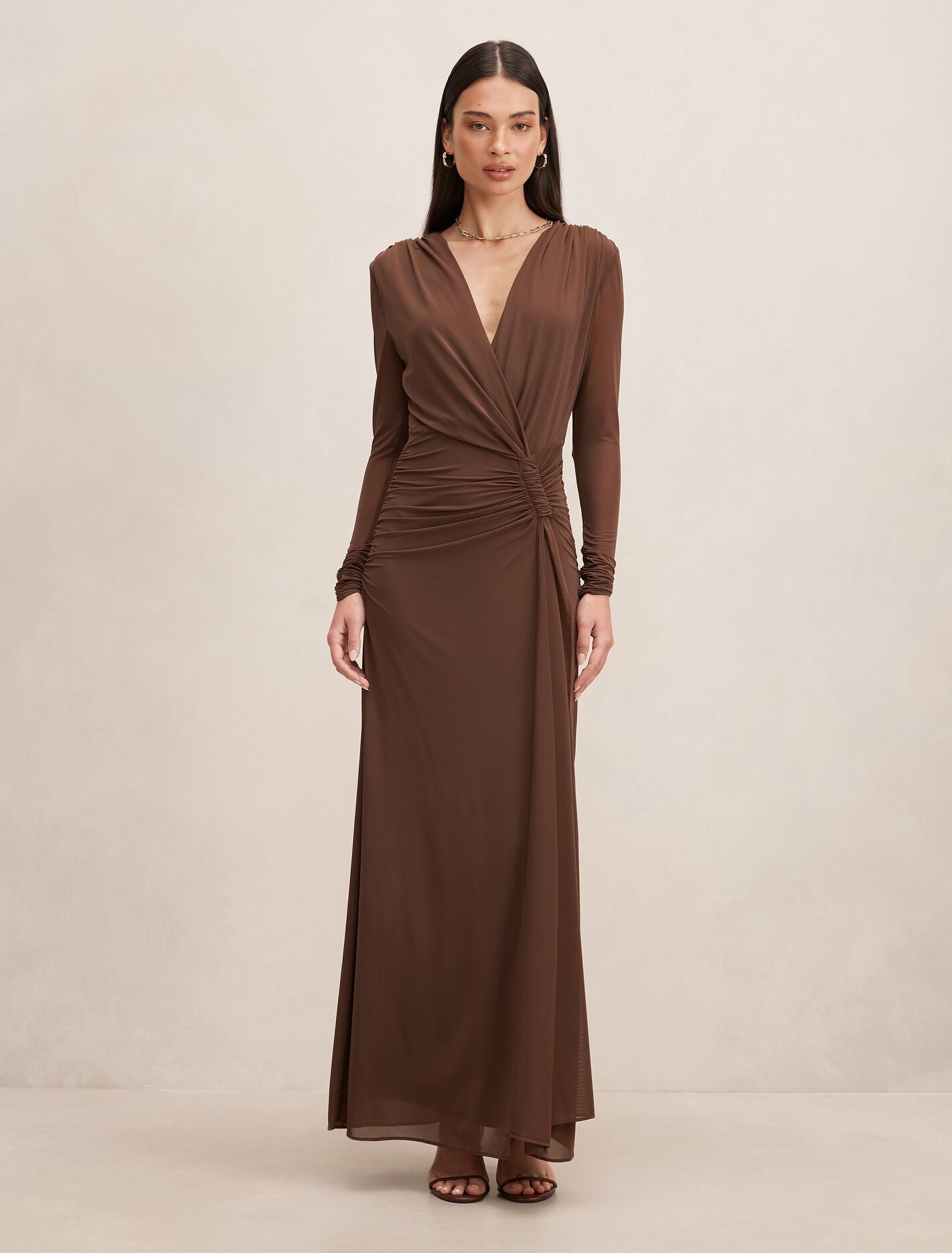amara mesh maxi dress Amara Draped Mesh Maxi Dress Chocolate
