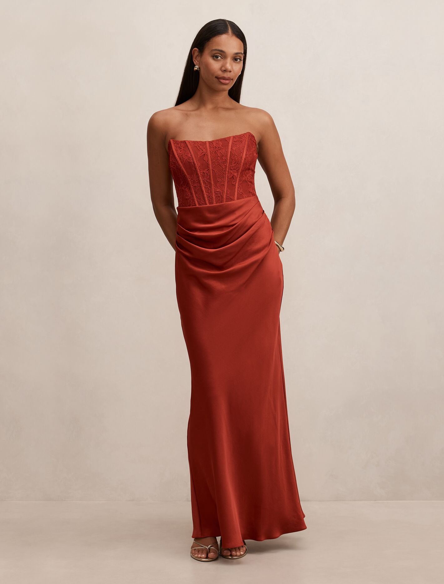 Ivy Lace Corset Drape Maxi Dress Rust