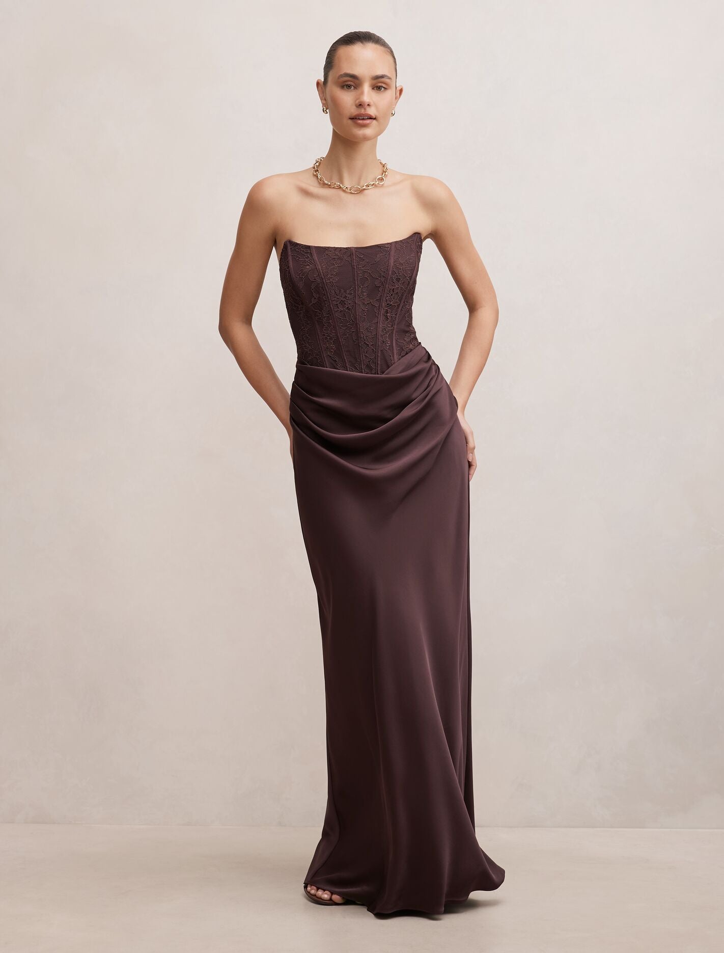Ivy Lace Corset Drape Maxi Dress Dark Chocolate