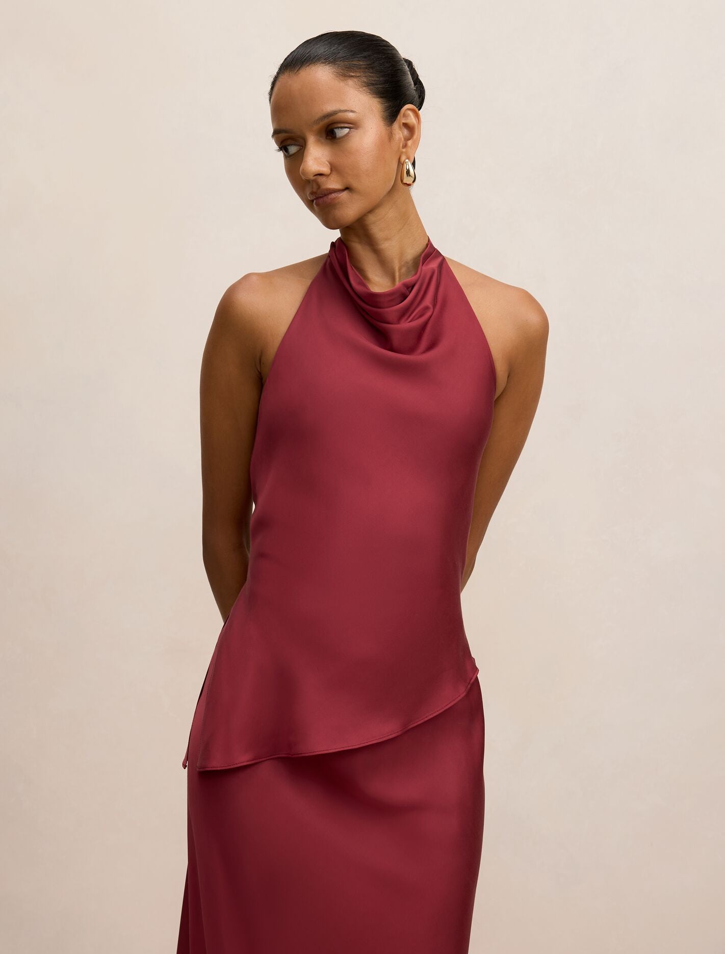 Skyler Petite Halter Satin Top Ruby Wine Co-Ord Forever New