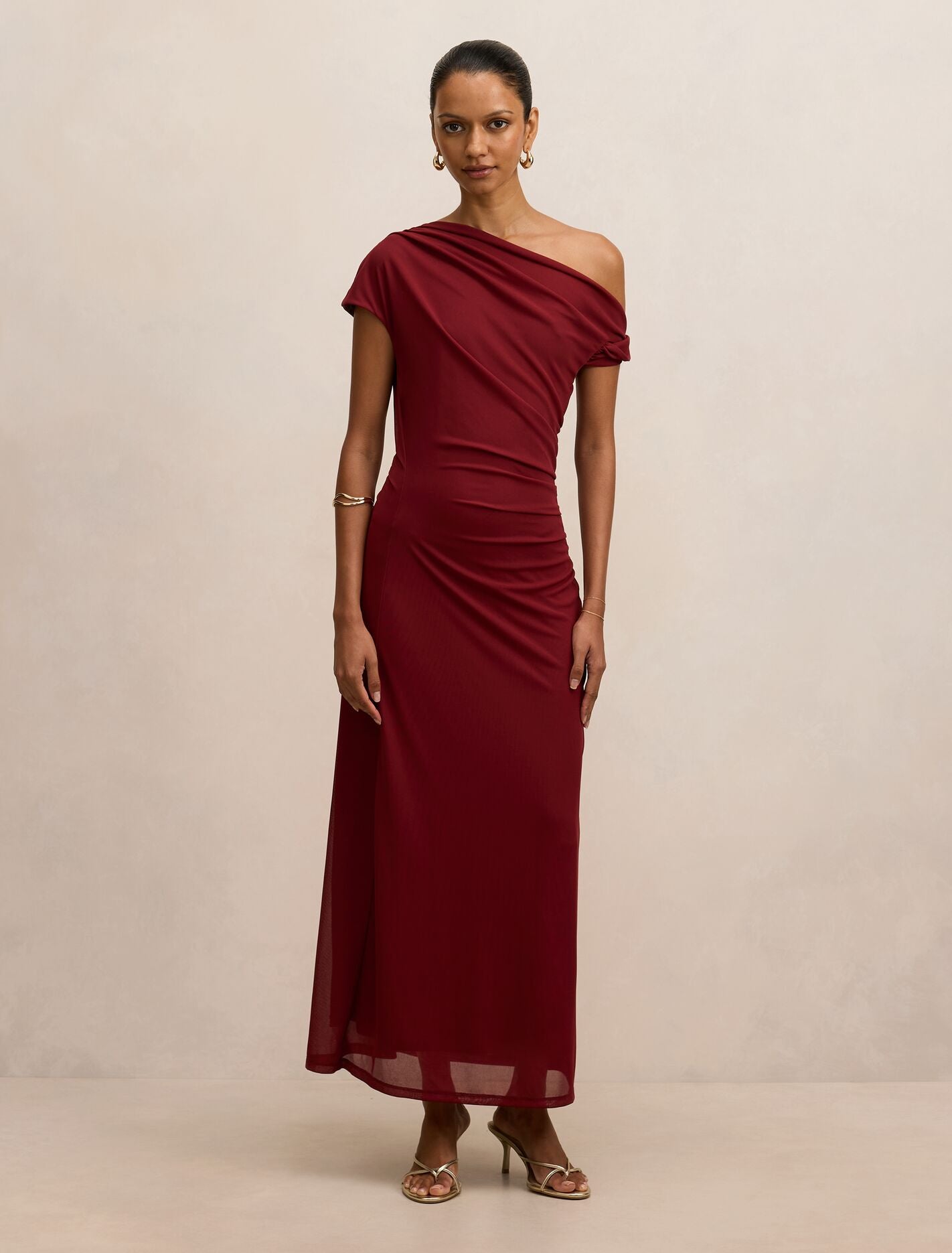 Paris Petite Draped Mesh Midi Dress Ruby Wine Forever New