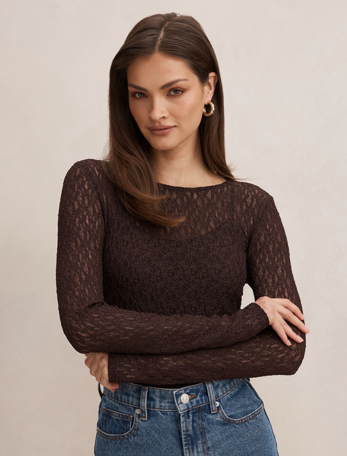 Alex Lace Long Sleeve Top Chocolate Co-Ord Forever New