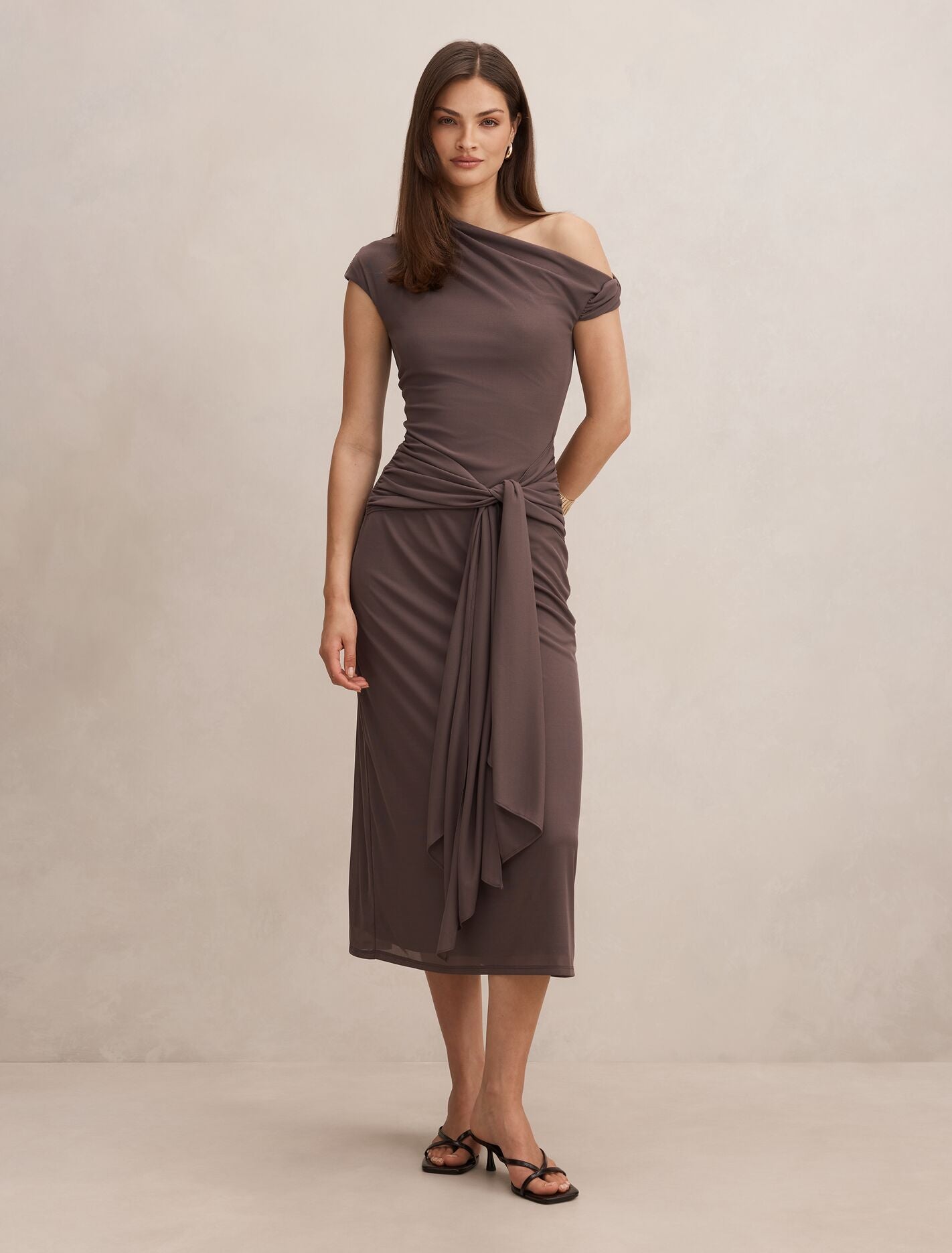 Piper Draped Tie Mesh Midi Dress Plum Truffle Forever New