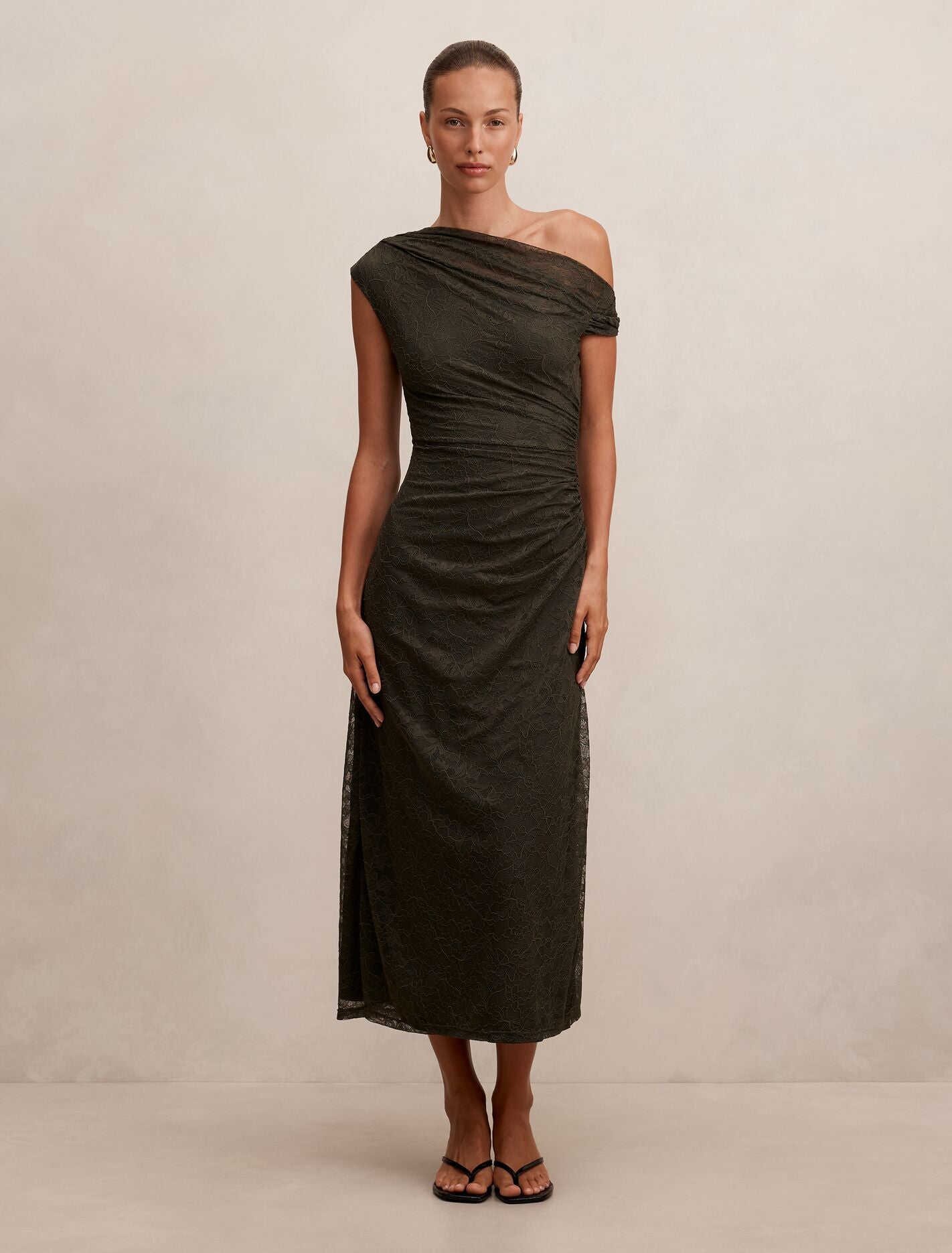 Paris Lace Asym Midi Dress Olive Night | Forever New