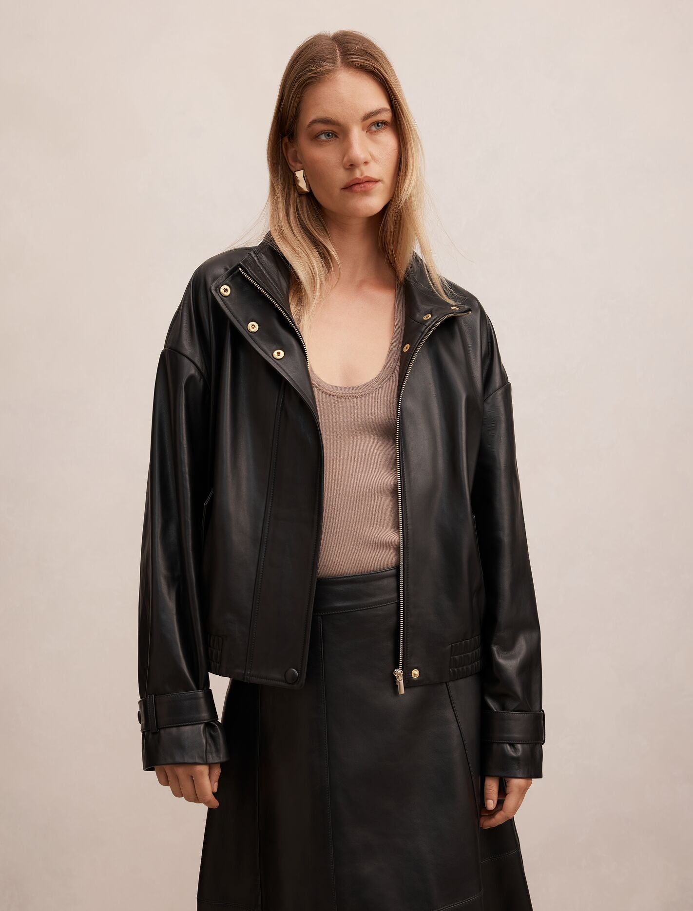 Ava Leather Funnel Neck Bomber Jacket Black Forever New