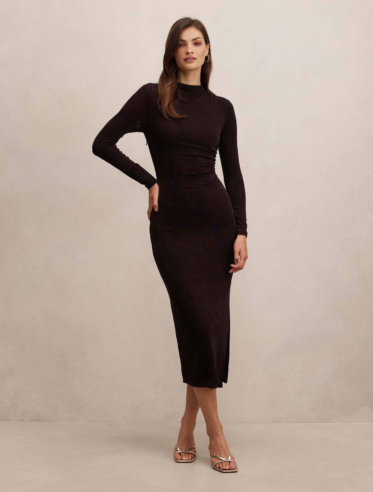 Sammy Glitter Long Sleeve Bodycon Dress Chocolate | Forever New