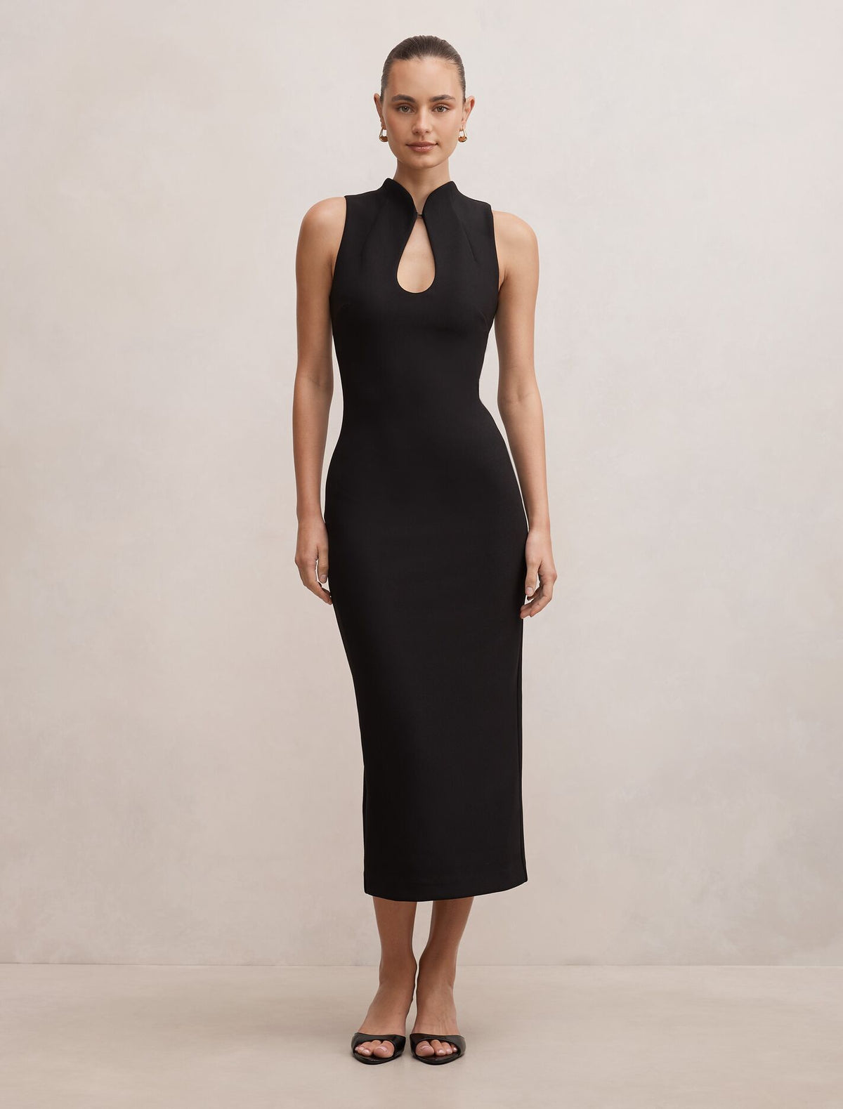 bodycon keyhole dress Frankie High Neck Black Lace Knitted Bodycon LowStock:43441570807859 Shoe Size:8.5M out front detail for