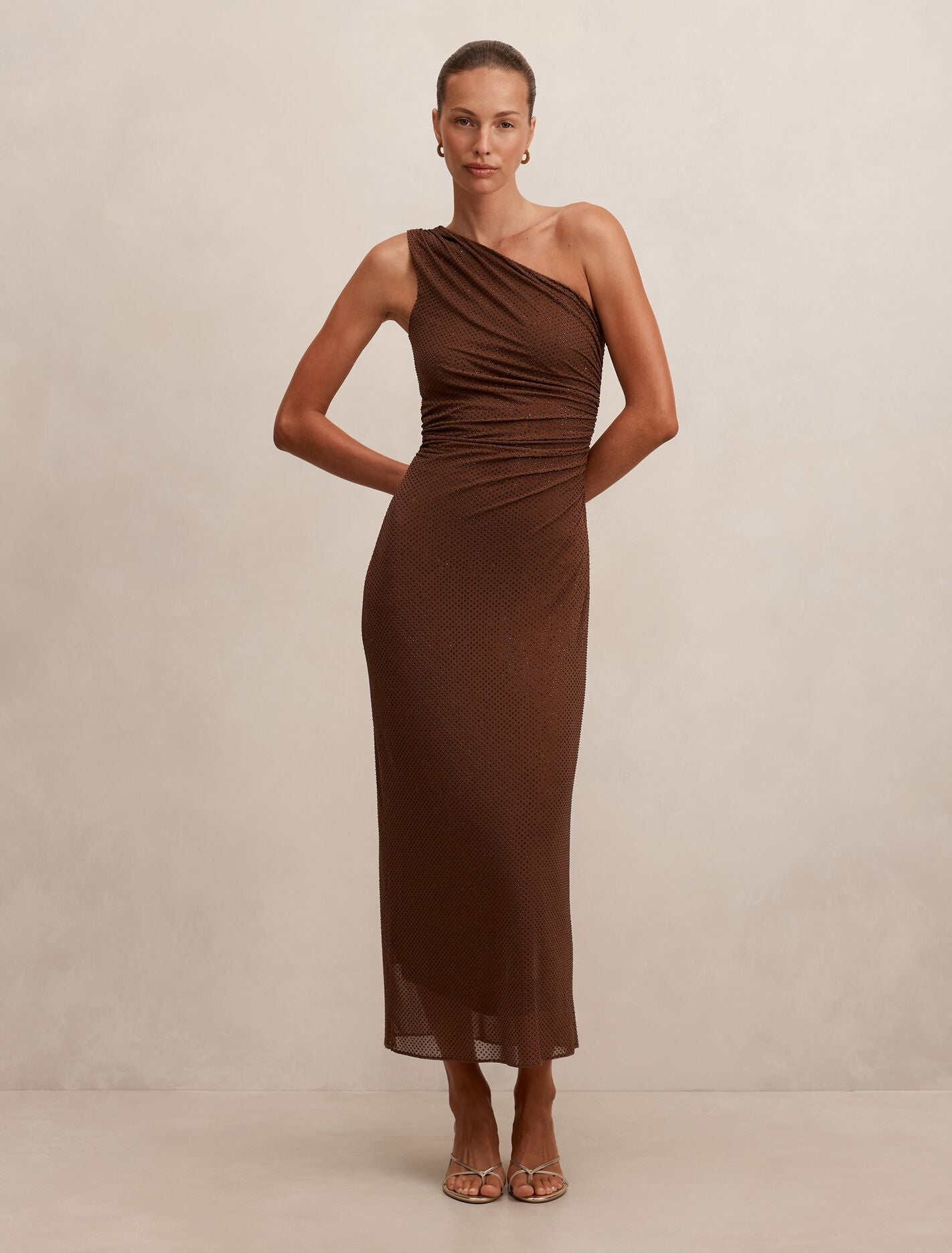 Audrina One Shoulder Heatseal Maxi Dress Chocolate Forever New