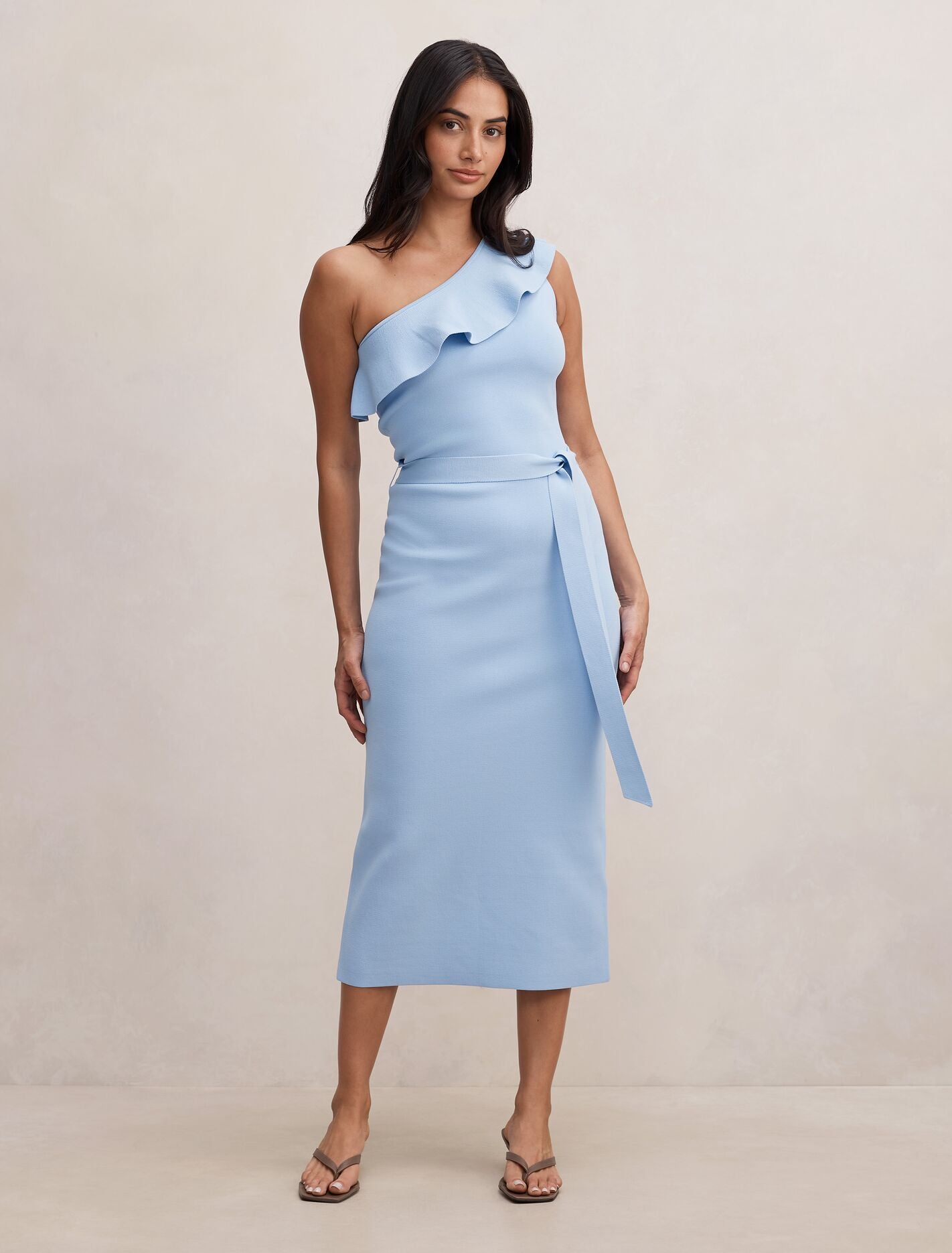 Charlize Asymmetric Frill Midi Dress Soft Blue Forever New