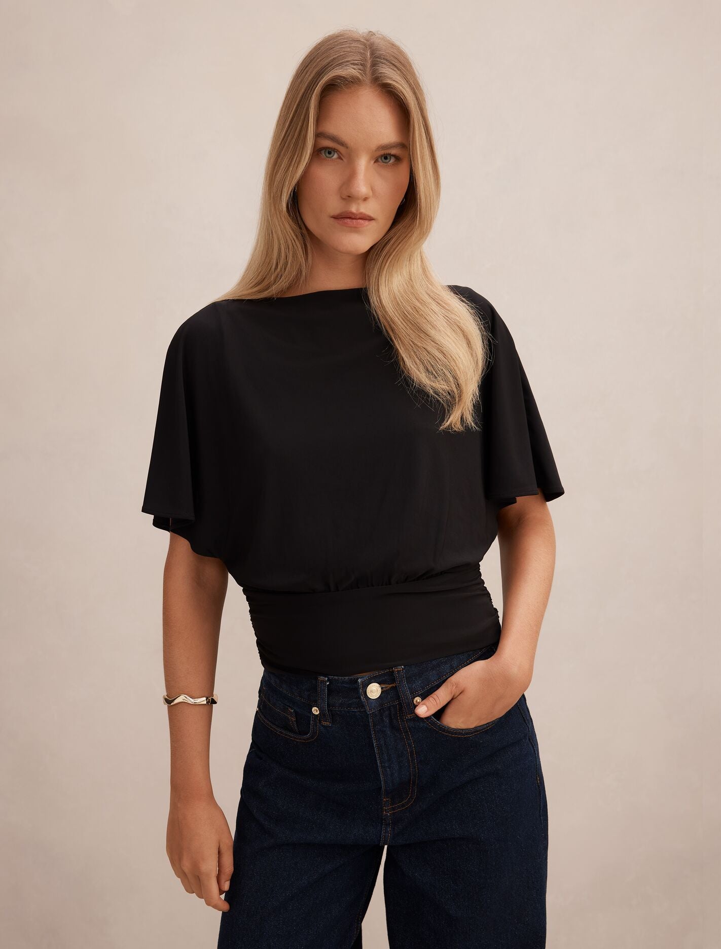 Piper Cinched Flutter Sleeve Top Black Forever New