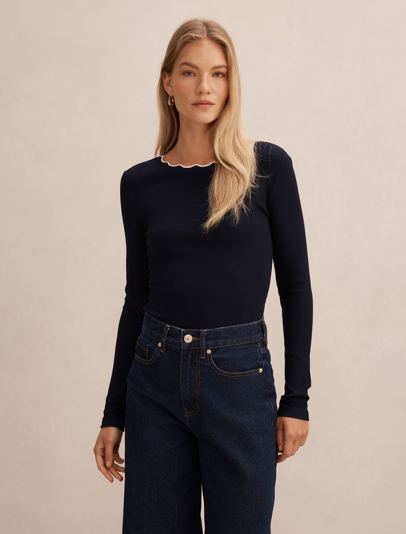 Rebecca Scallop Long Sleeve Top Navy/Porcelain | Forever New