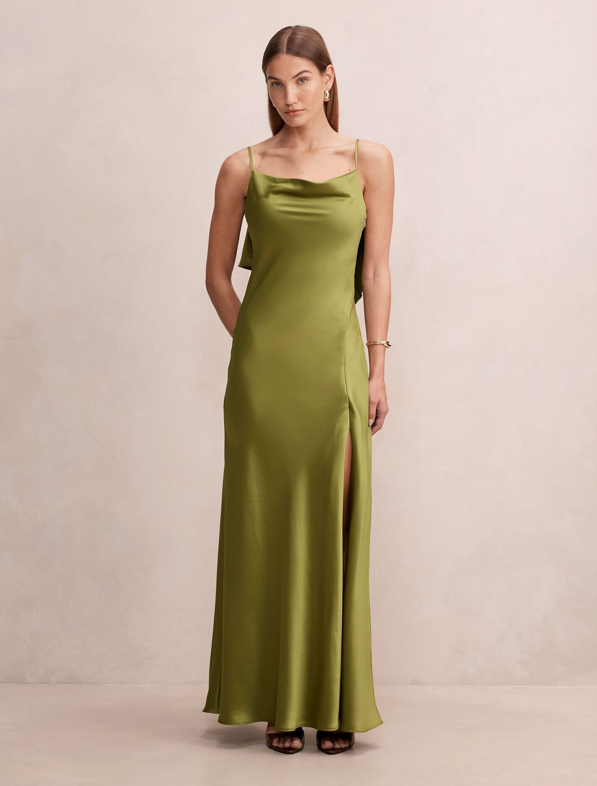 Allora Ruffle Back Satin Maxi Dress Pear Green Forever New