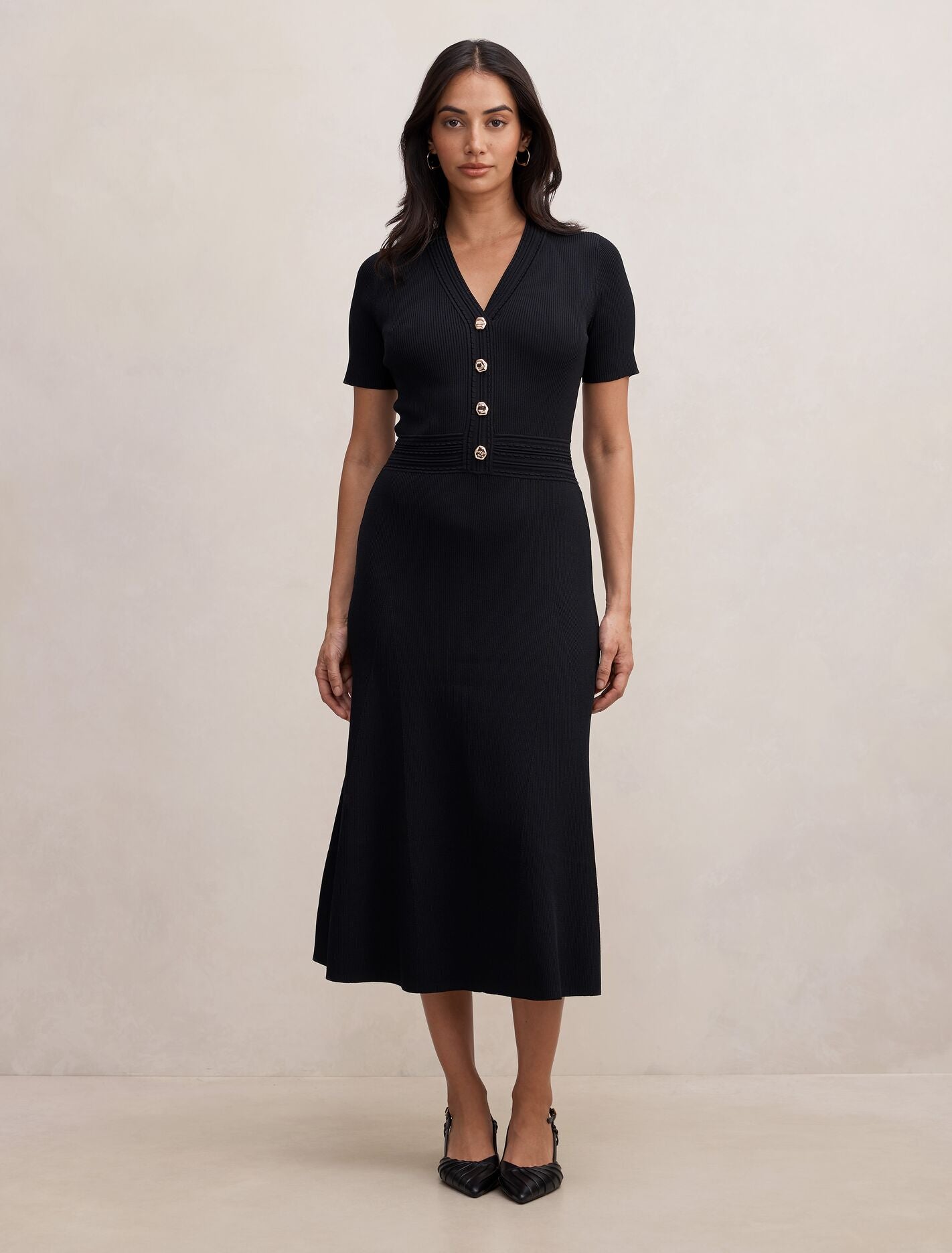 Niki V-Neck Stitch Knit Dress Black Forever New