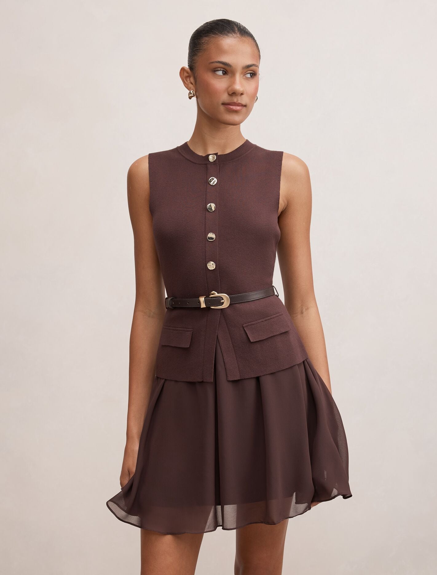 Belle Woven Mix Mini Dress Chocolate Forever New