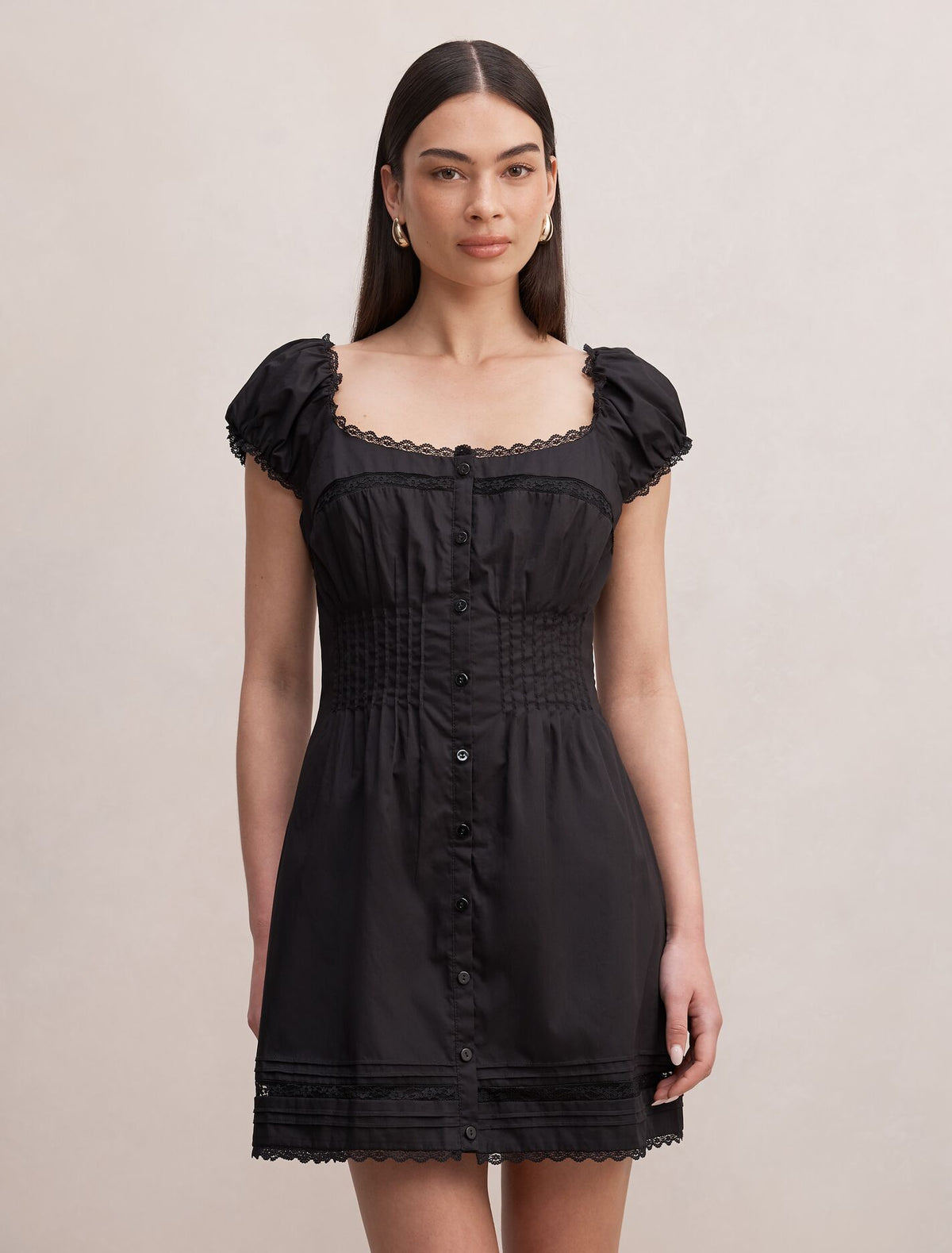 Joey Pintuck Cotton Mini Dress Black Forever New