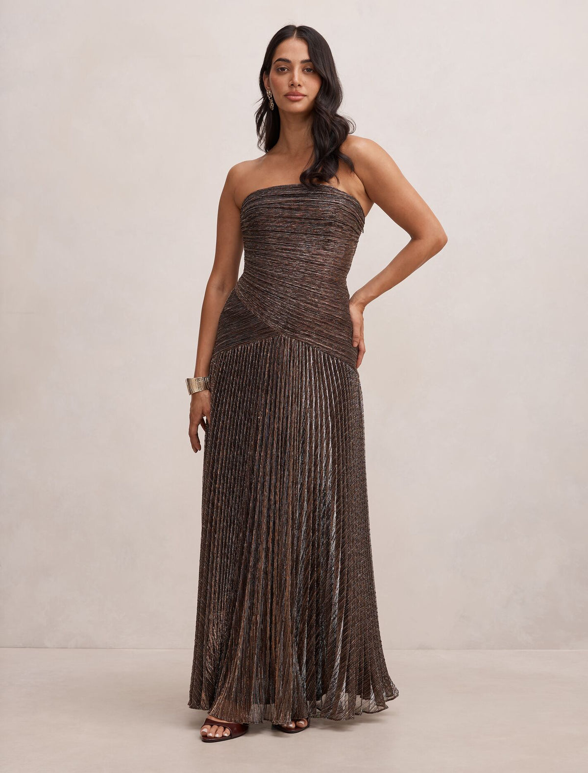 Sofia Strapless Plisse Maxi Dress Bronze Forever New