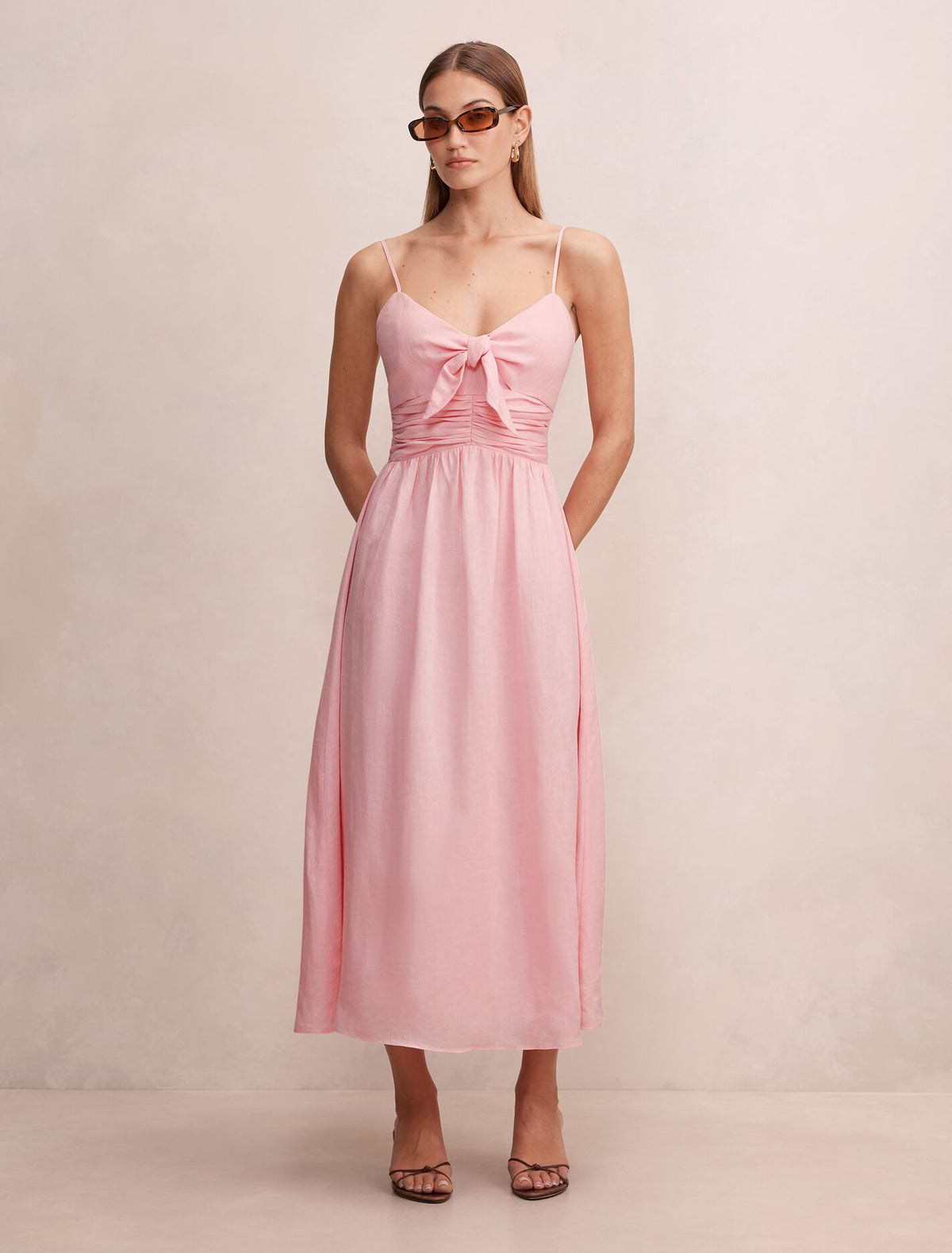 Isabella Tie Front Linen Midi Dress Pretty Pink Forever New