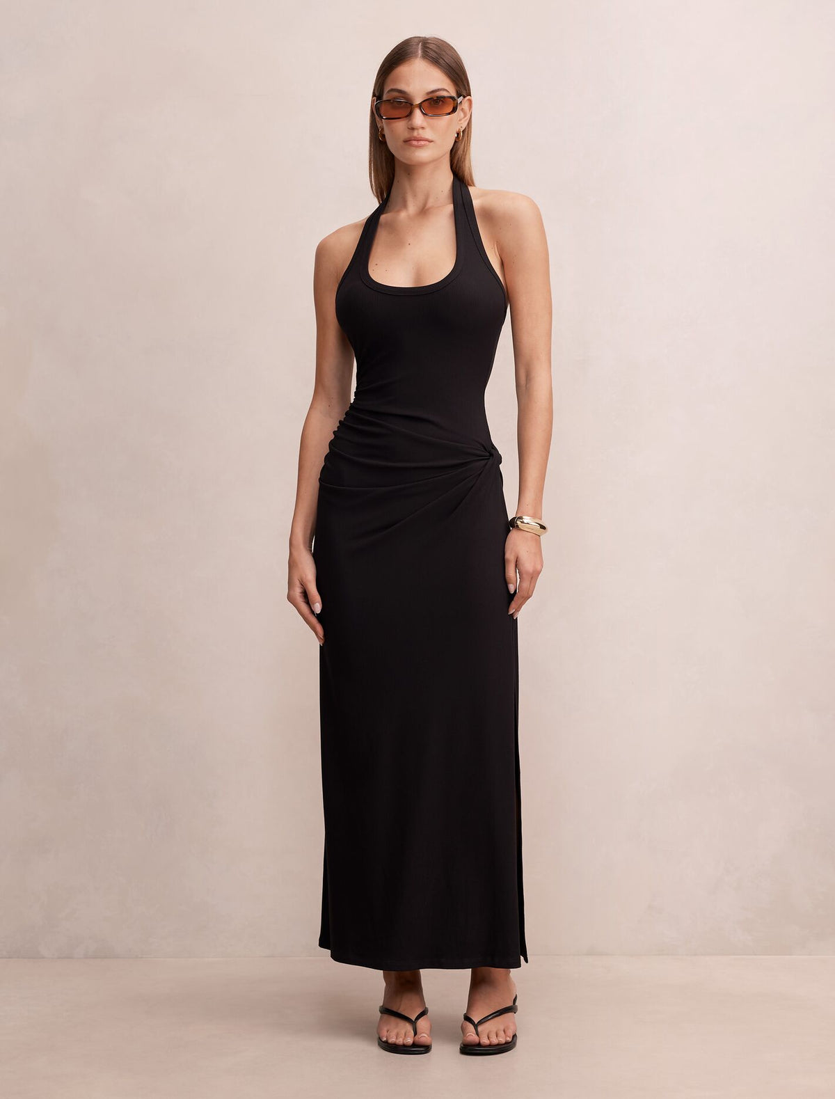 Noa Halter Draped Ribbed Midi Dress Black Forever New