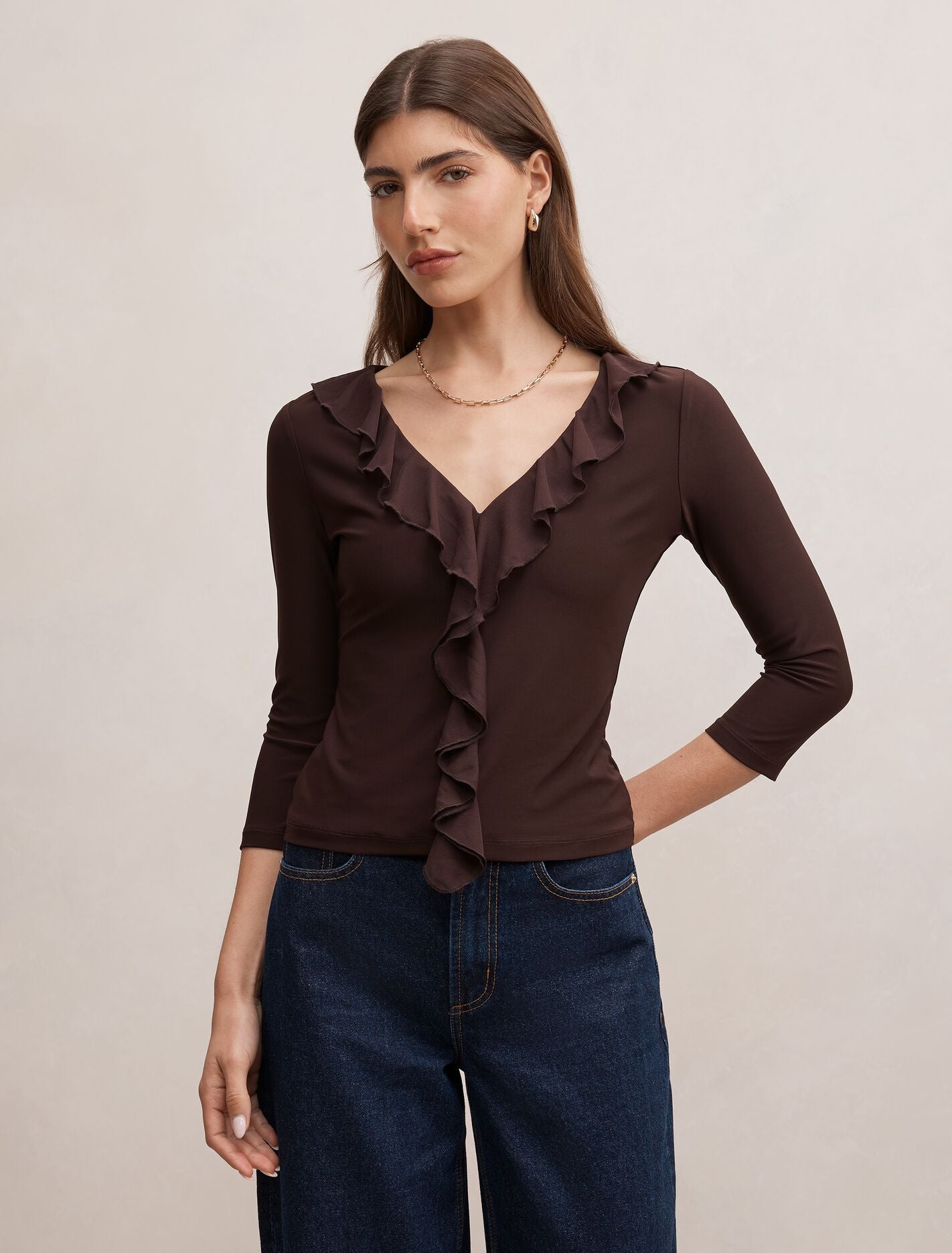 Orla Ruffle 3/4 Sleeve Top Chocolate Forever New