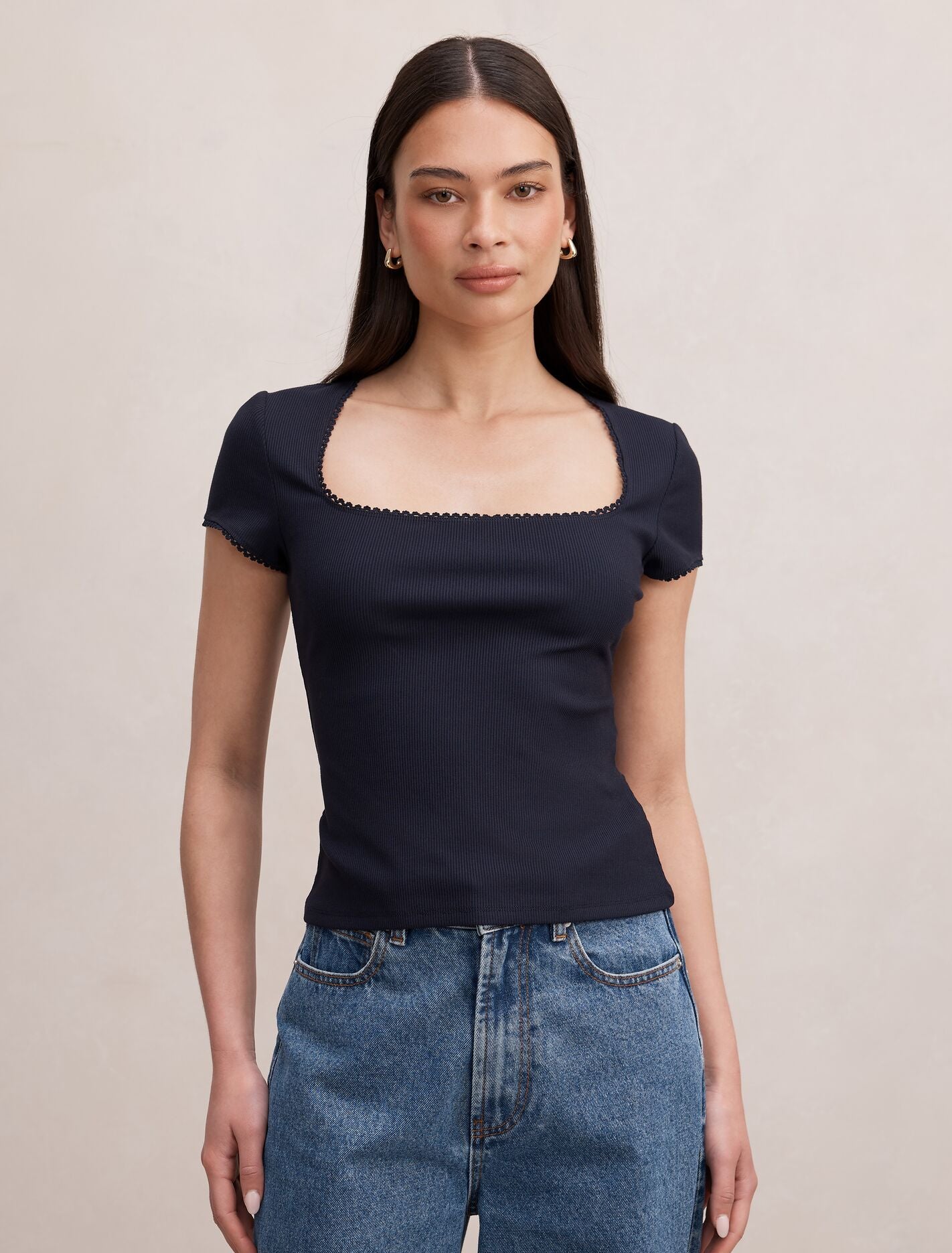 Esther Scoop Neck Trim T-Shirt Navy Forever New